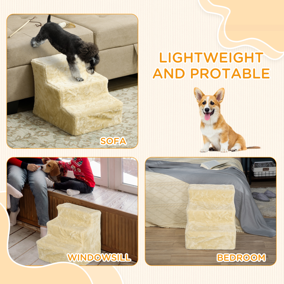 PawHut 3-Step Portable Dog Stairs with Washable Plush Cover