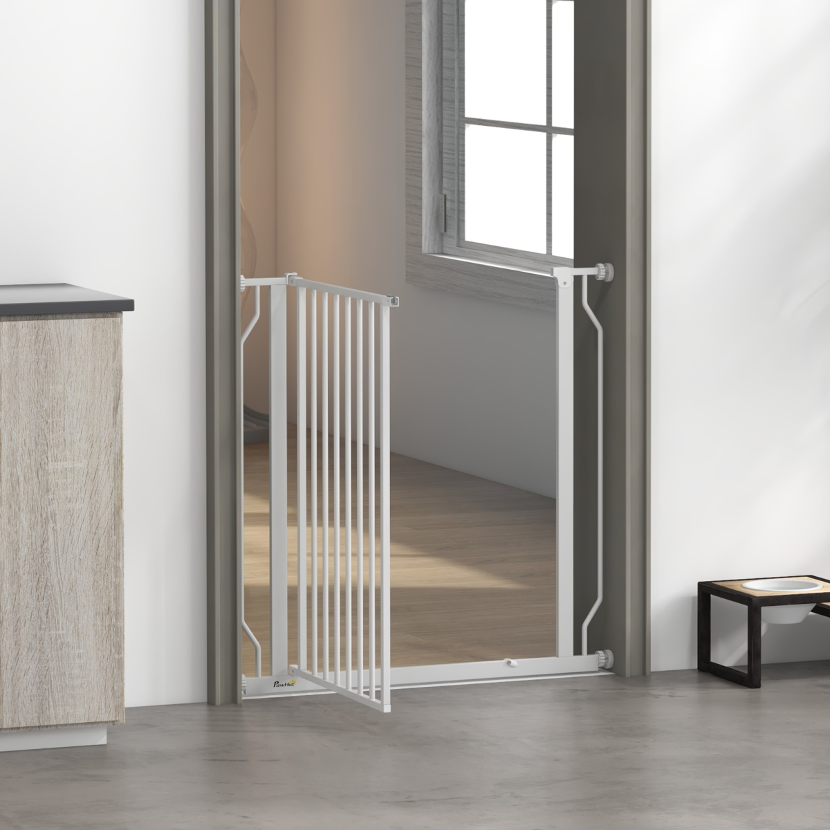 PawHut Wide Stair Gate with Door, Pressure-Fit, 75-85cm, White