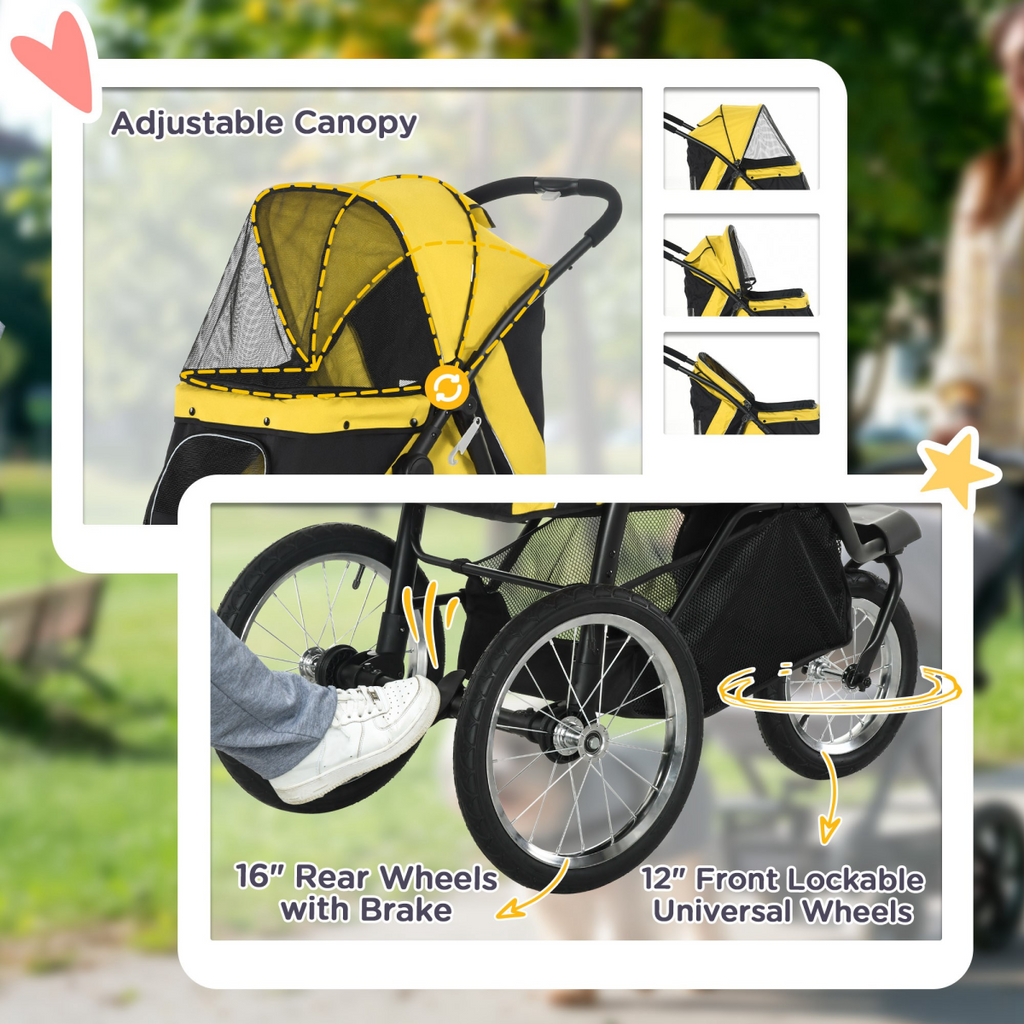 PawHut 3-Wheel Pet Stroller for Small/Medium Dogs & Cats - Foldable, Yellow