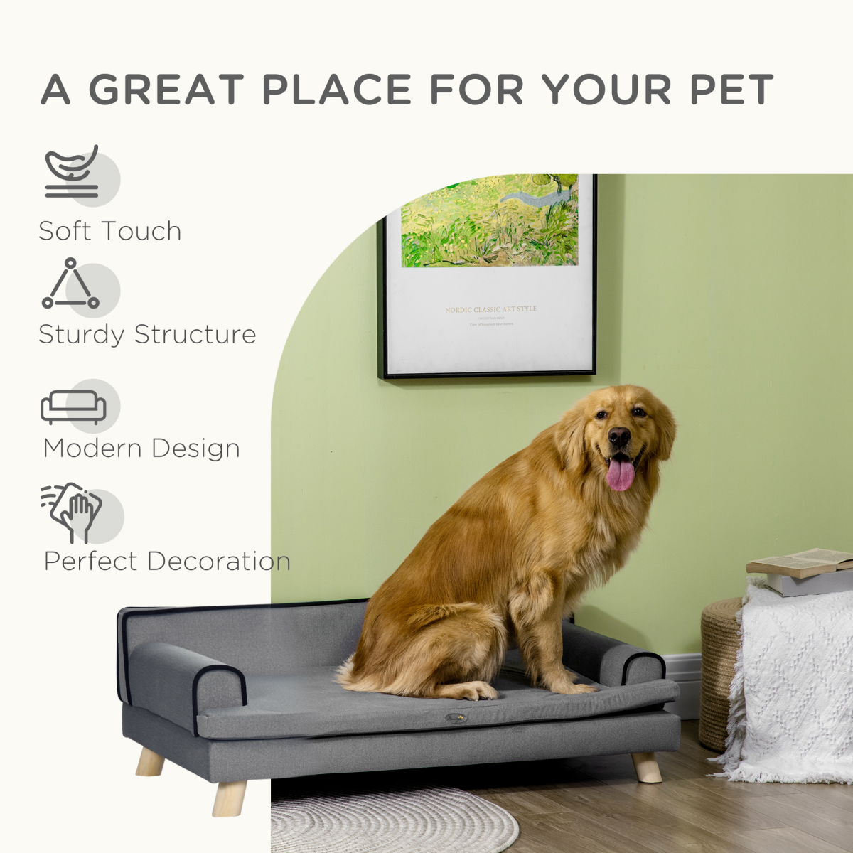 Pet Sofa Bed for Large & Medium Dogs - Wooden Legs, Grey, Water-Resistant
