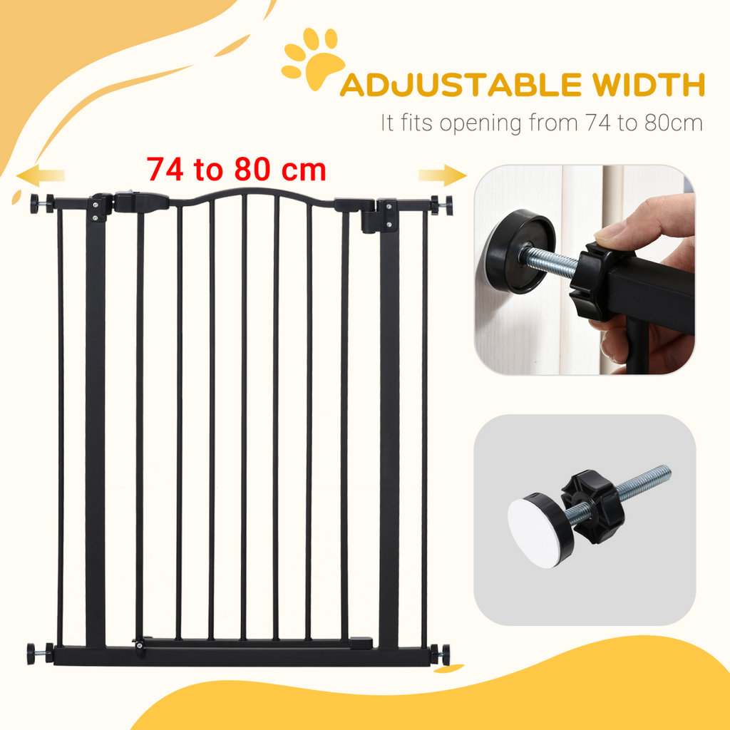 Adjustable 74-80cm Metal Pet Gate with Auto-Close Door - Black