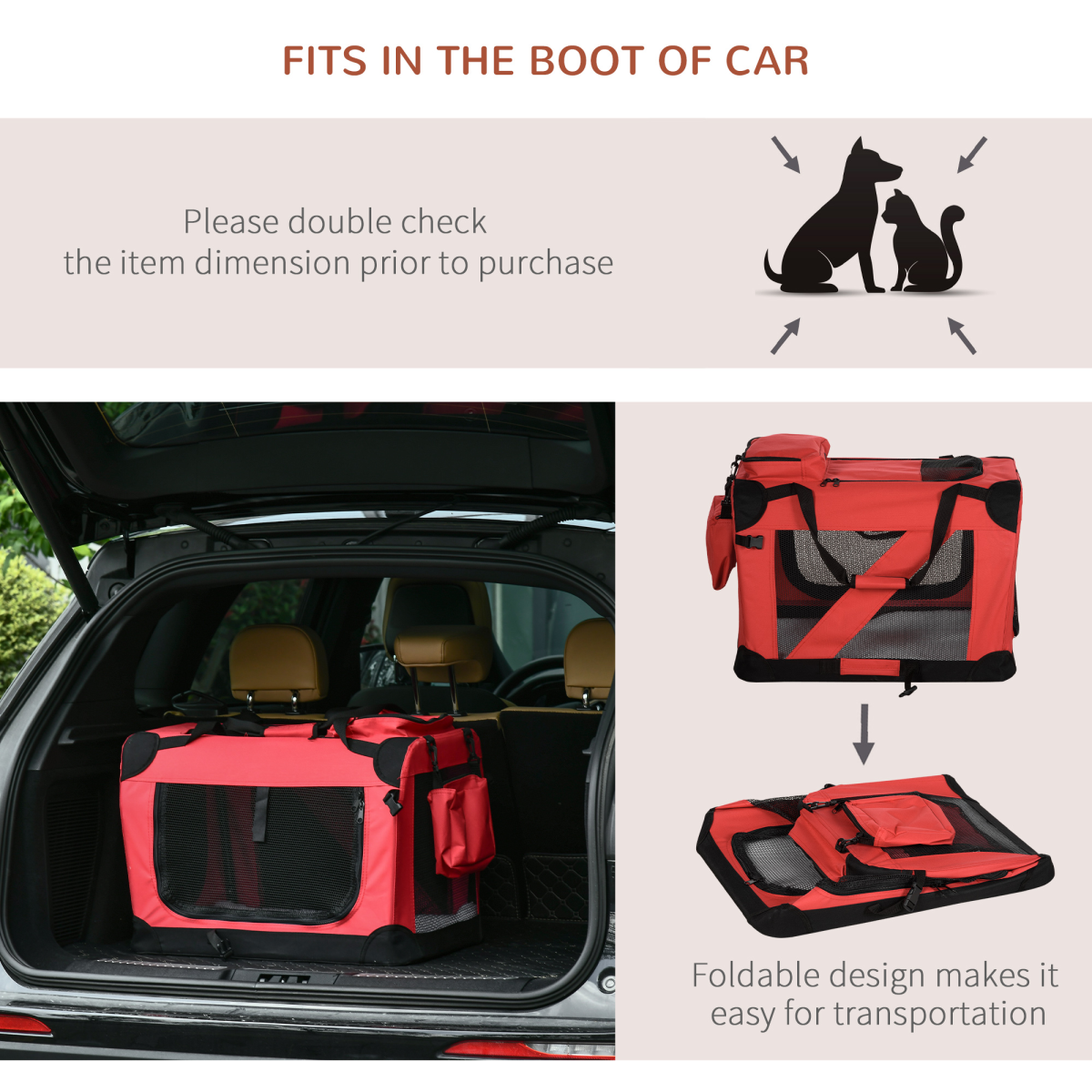 Foldable Pet Carrier Bag - Soft, Portable Cat Travel Cage, 60x42x42 cm, Red