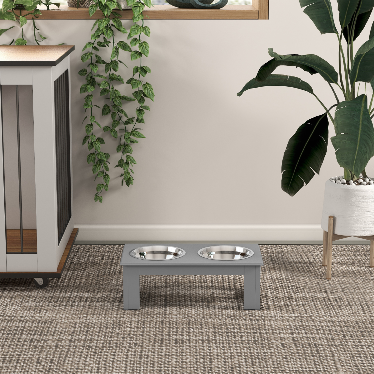 PawHut Double Bowl Raised Dog Feeder - Stainless Steel, Anti-Slip Grey