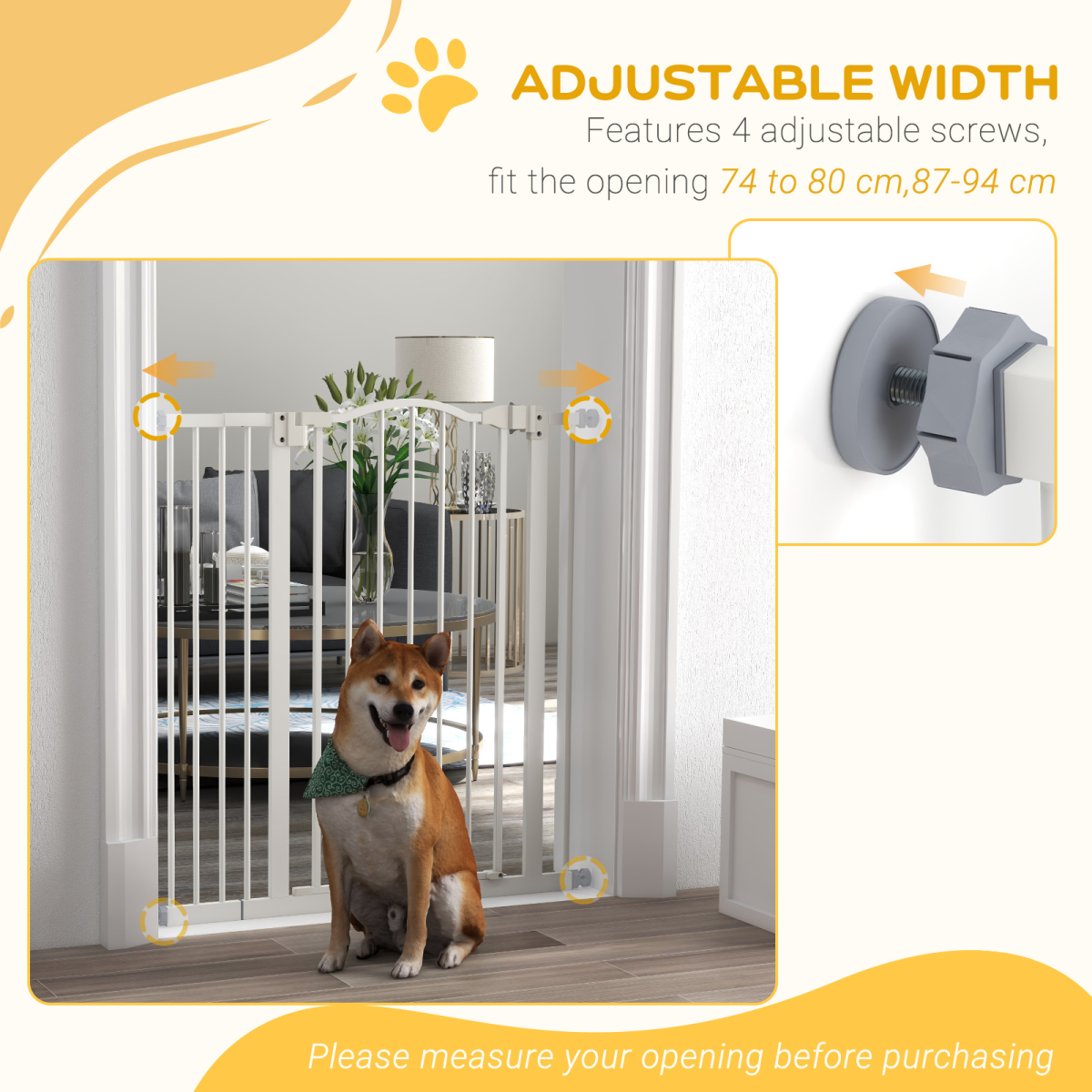 PawHut 74-94cm Adjustable Metal Pet Gate with Auto-Close Door, White