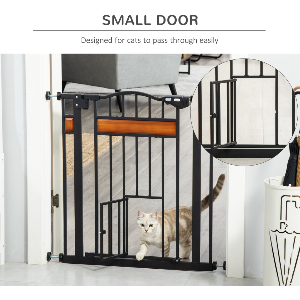 Pawhut Pet Safety Gate with Cat Door, Auto-Close, Pine Decor, 74-80 cm
