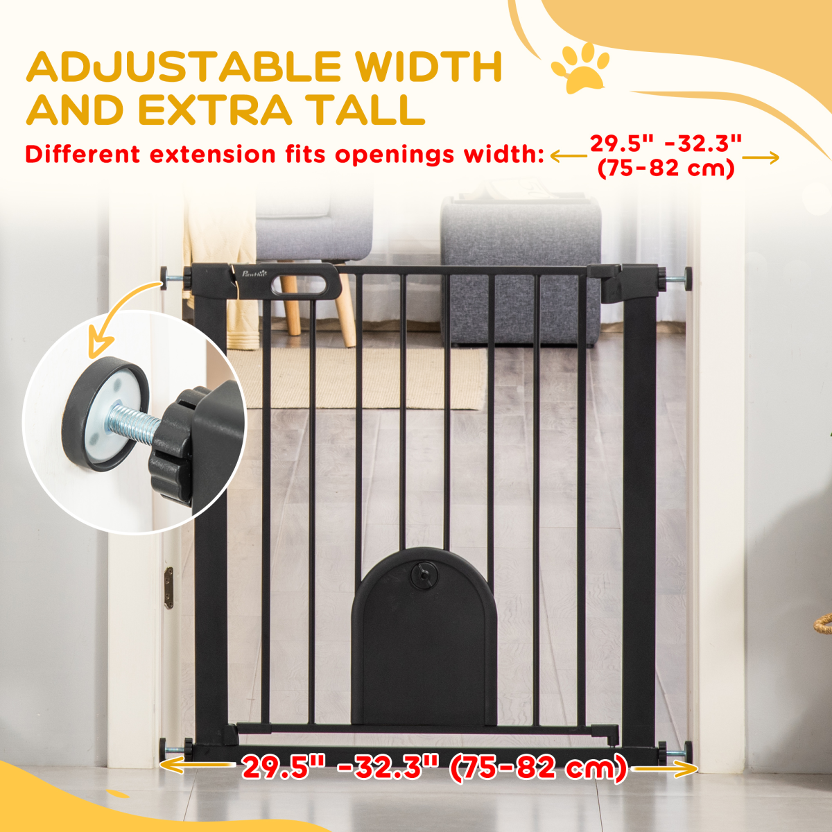 Adjustable 75-82 cm Pet Gate - Stair-Pressure Fit, Auto-Close, Double Lock, Black