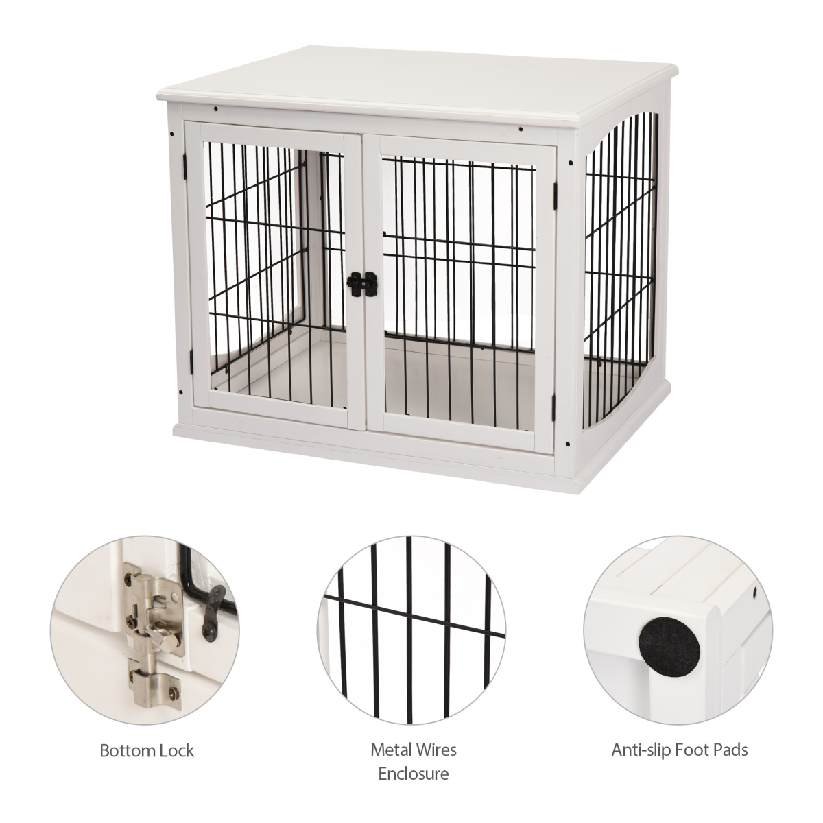 Wooden Dog Crate End Table with Metal Wire - Small Dog Cage, White