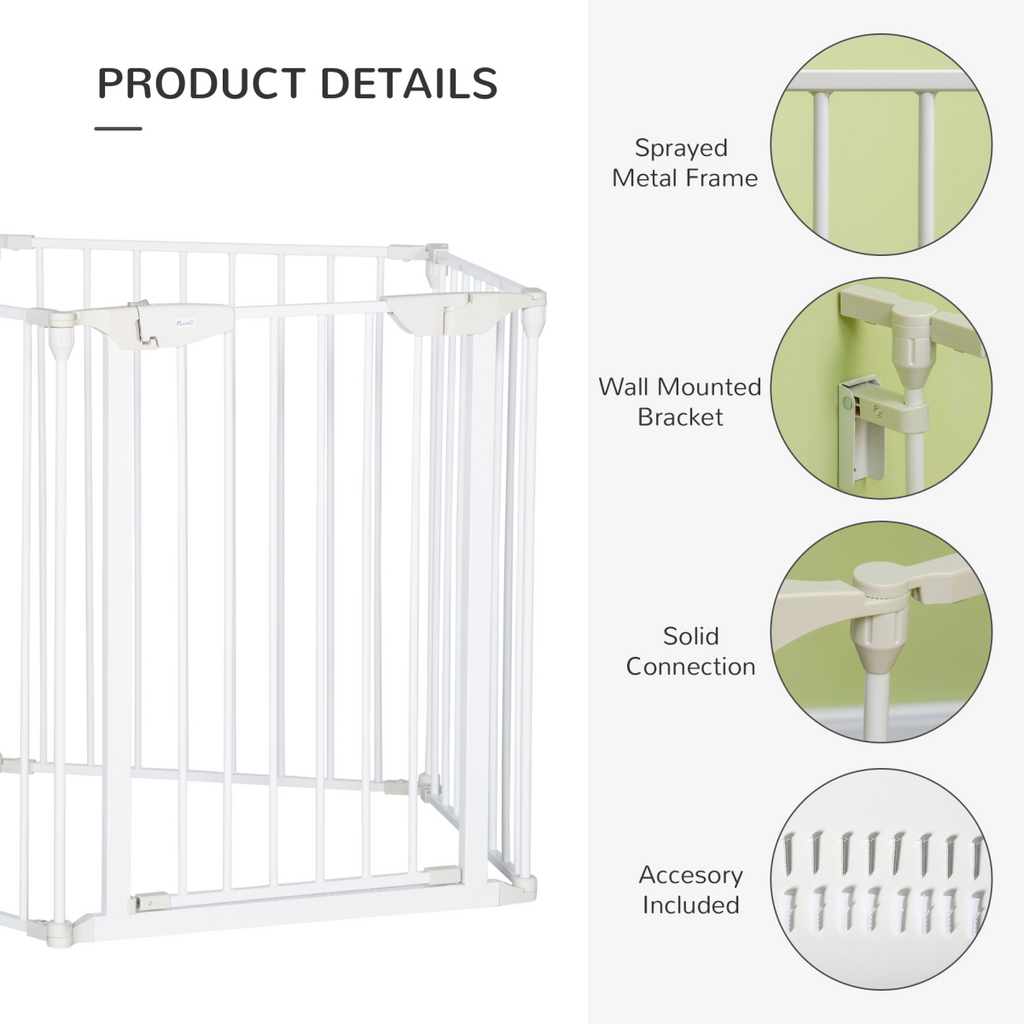 5-Panel Pet Gate Playpen, Indoor Stair Barrier with Walk-Through Door, White