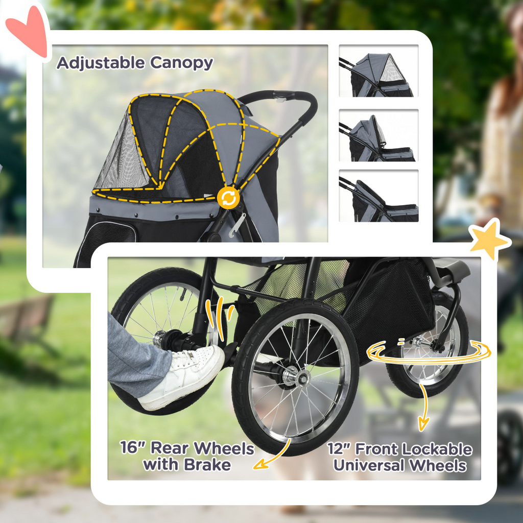 3-Wheel Pet Stroller for Small/Medium Dogs, Foldable Grey Pram