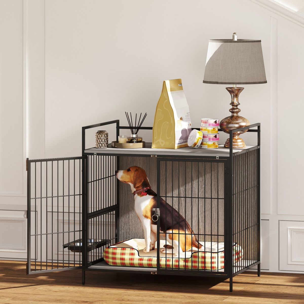 PawHut 2-in-1 Rotating Bowl Dog Crate Table for Medium Dogs, Grey