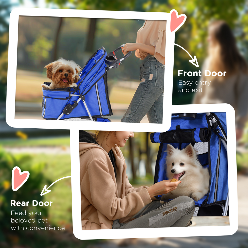 Pet Stroller Pushchair Carrier, 3-Wheel Blue Pawhut for Cats & Small Dogs