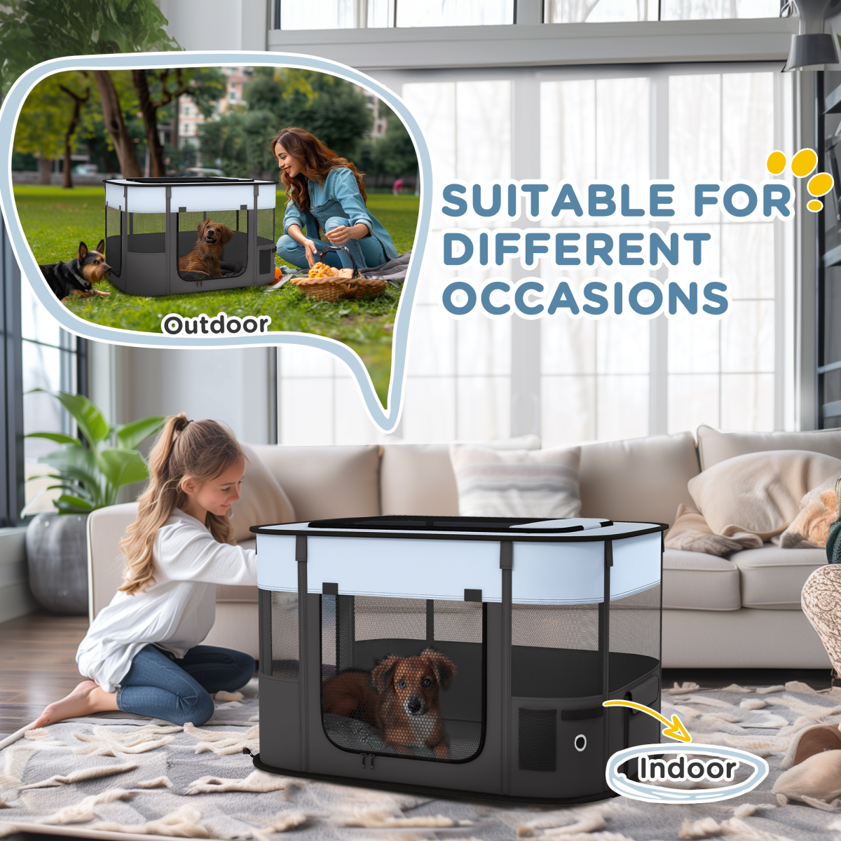PawHut Portable Pet Playpen - Foldable, Multi-Door, 84x64x53 cm (Grey)