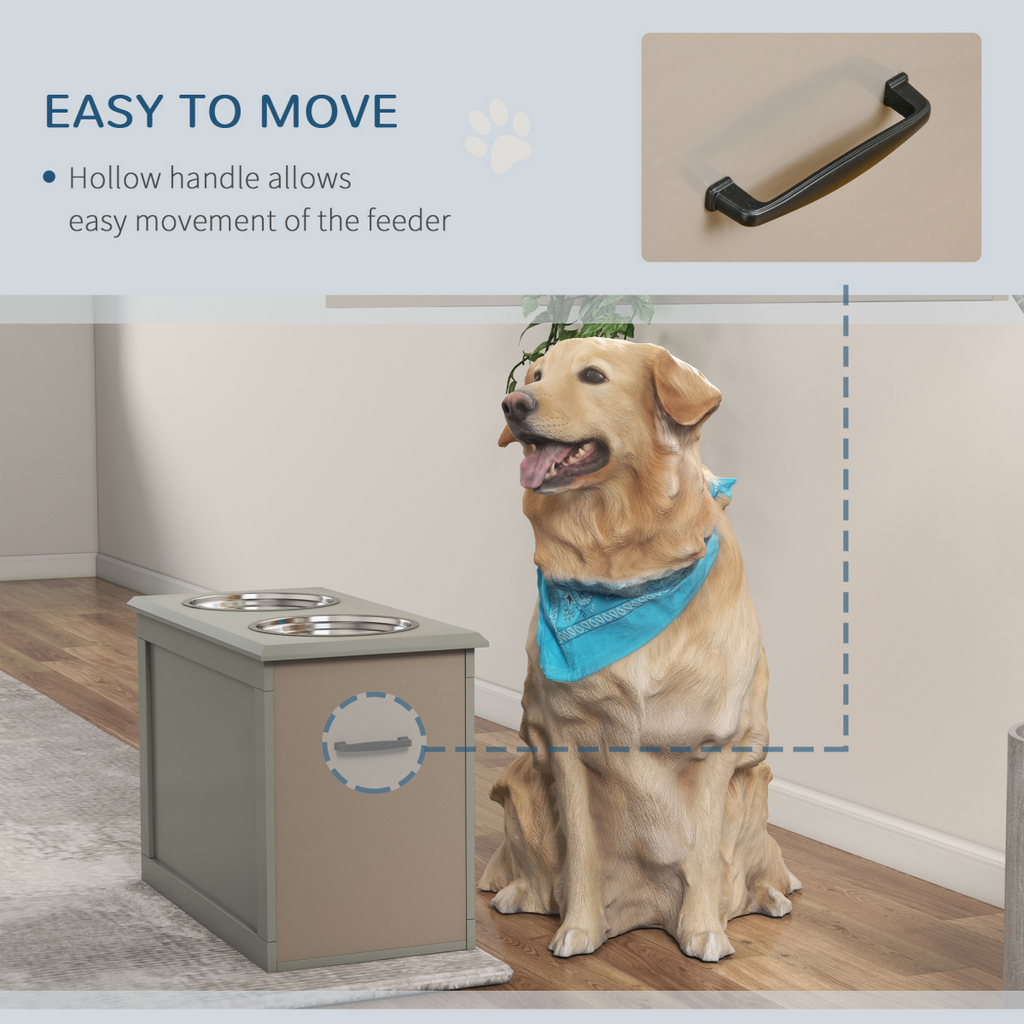 Grey Elevated Dual Pet Bowls with Storage Stand - Stainless Steel