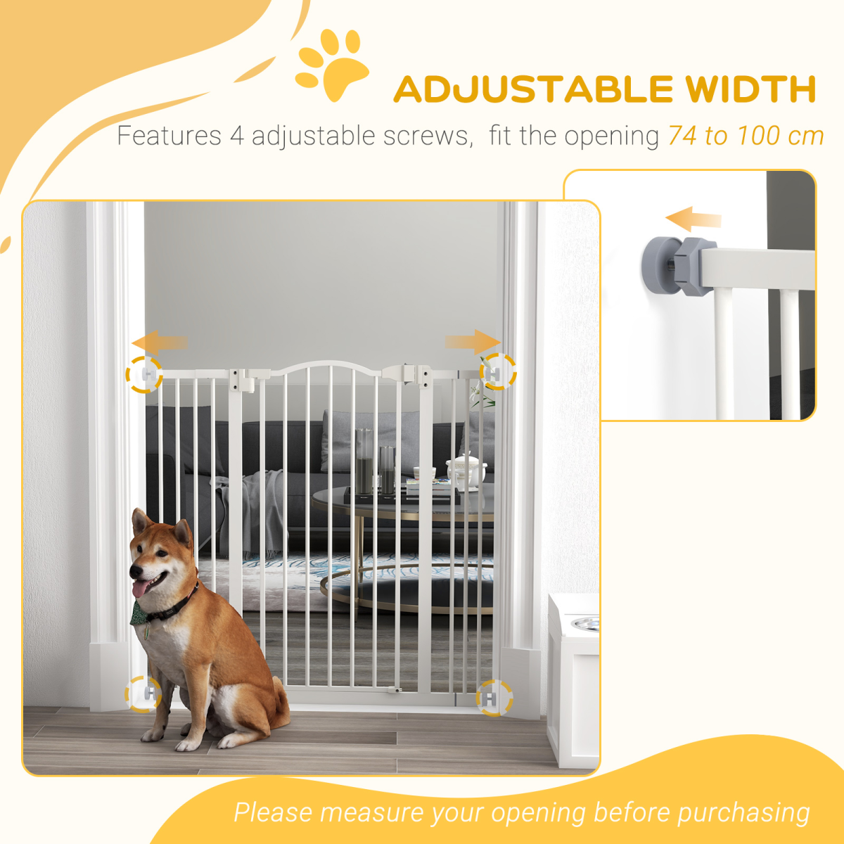 PawHut Adjustable Metal Pet Gate 74-100cm with Auto-Close Door - White