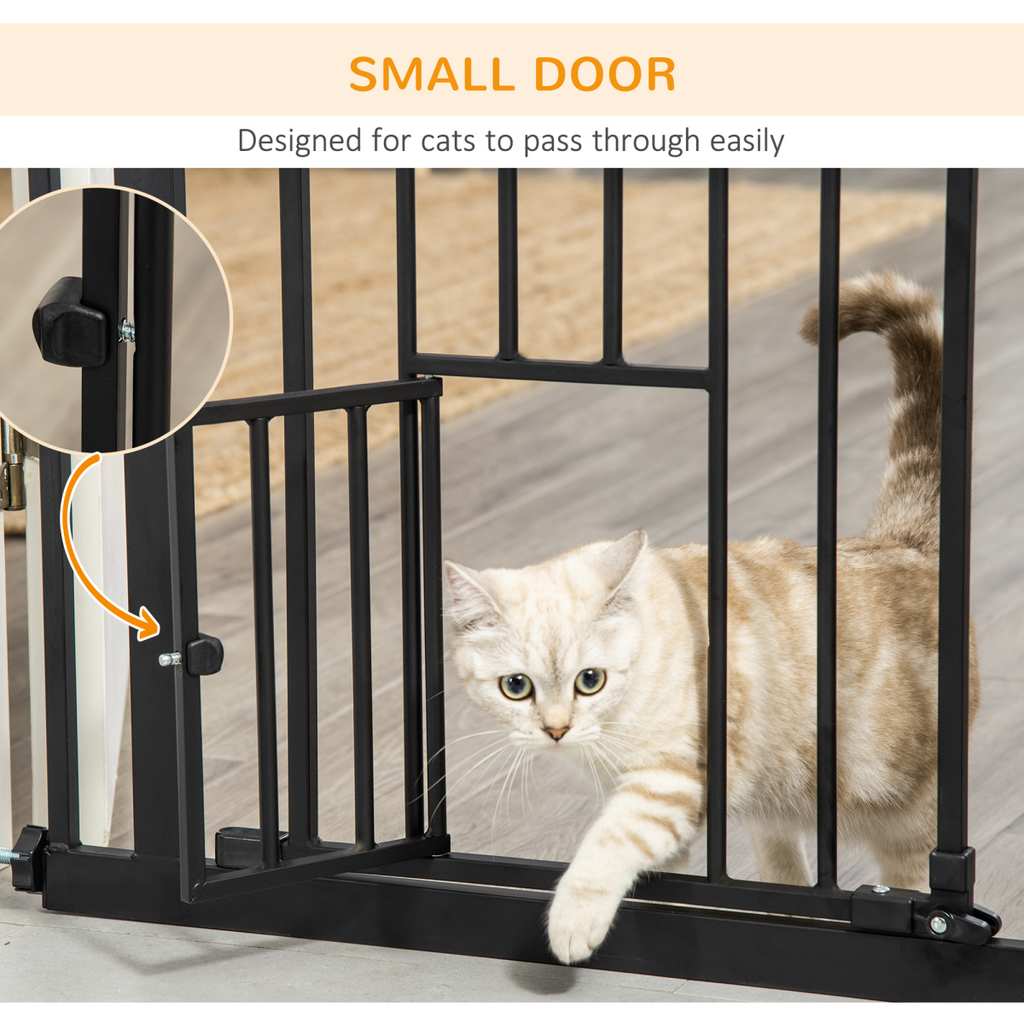 PawHut Extra Tall Dog Gate with Cat Door, Auto-Close for Stairs, 74-101 cm