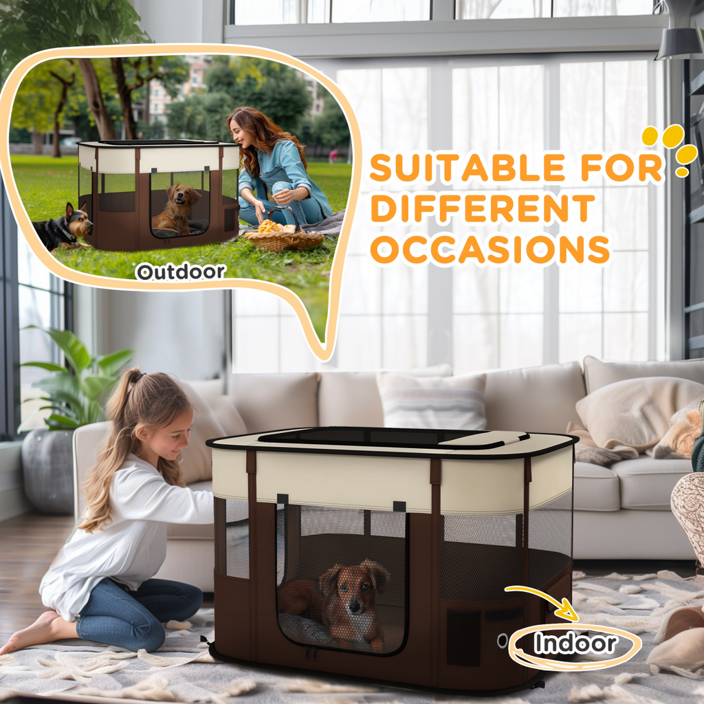 PawHut Portable Pet Pen for Small Animals - Brown, Foldable & Ventilated