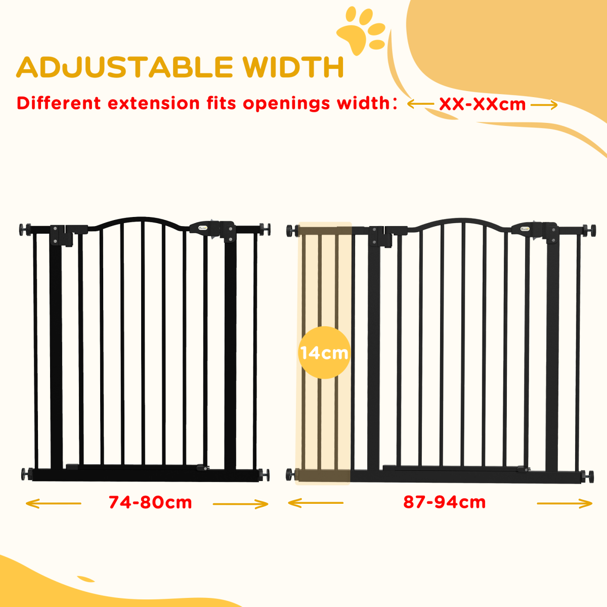 PawHut 74-94cm Adjustable Metal Pet Gate with Auto-Close Black