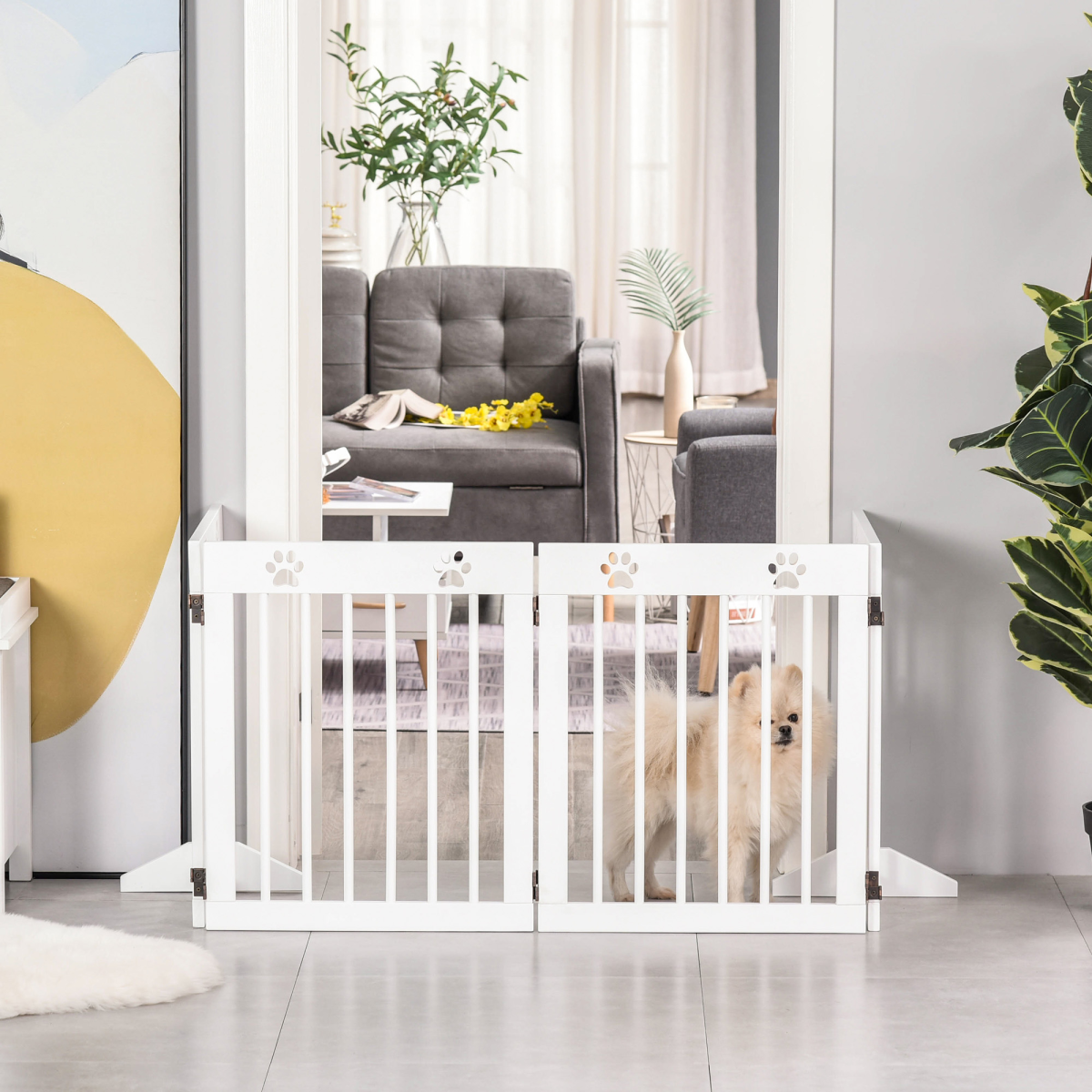 Freestanding 4-Panel Folding Wooden Dog Gate with Removable Feet