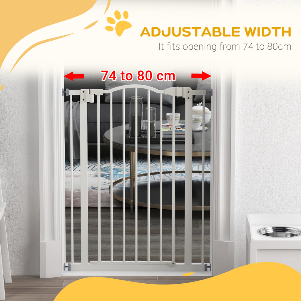 PawHut 74-80cm Adjustable Metal Pet Gate with Auto-Close Door, White