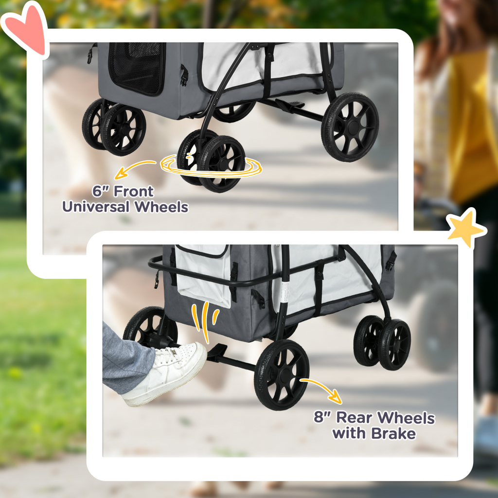 PawHut Foldable Pet Stroller with Detachable Carrier - Soft Padding Grey