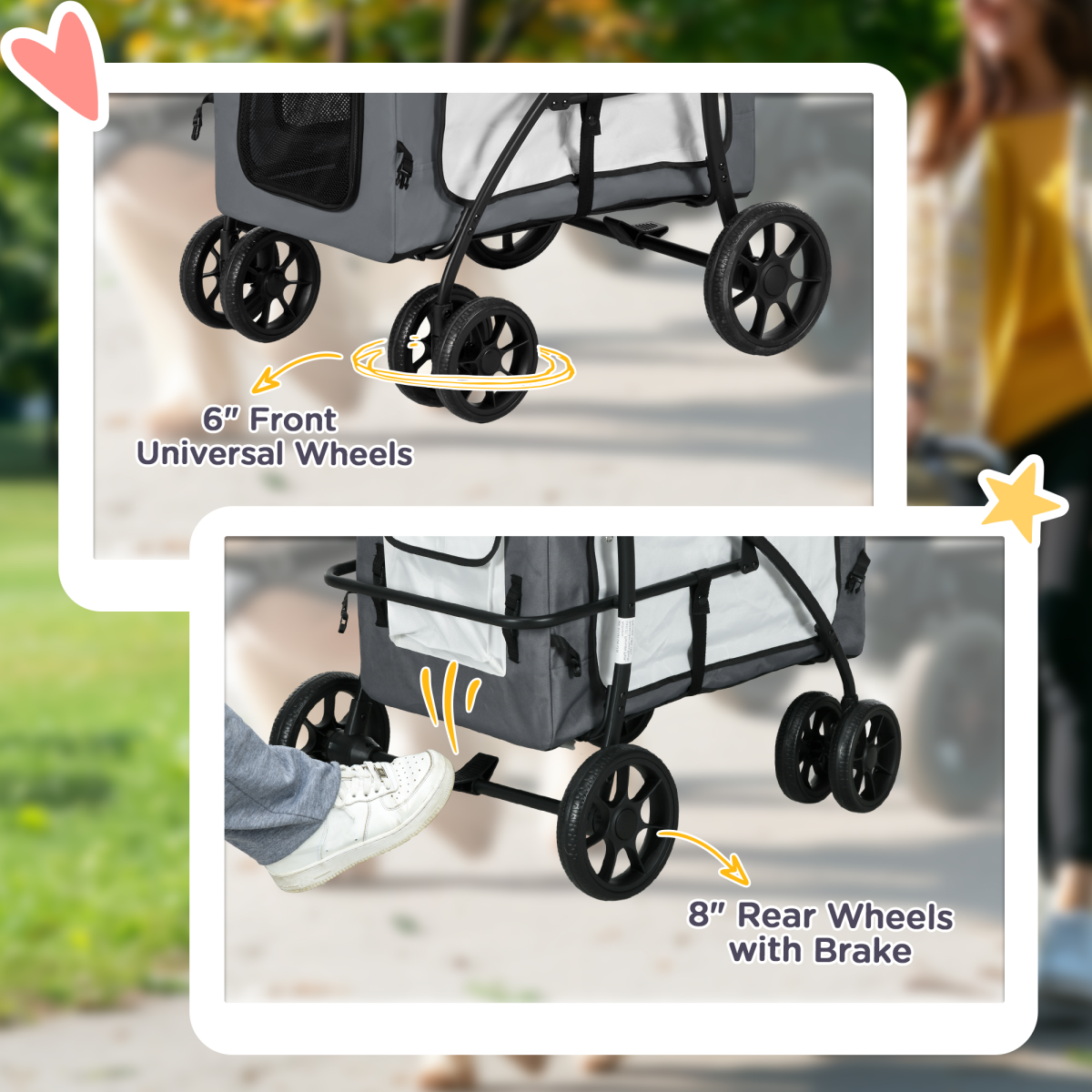 PawHut Foldable Pet Stroller with Detachable Carrier - Soft Padding Grey