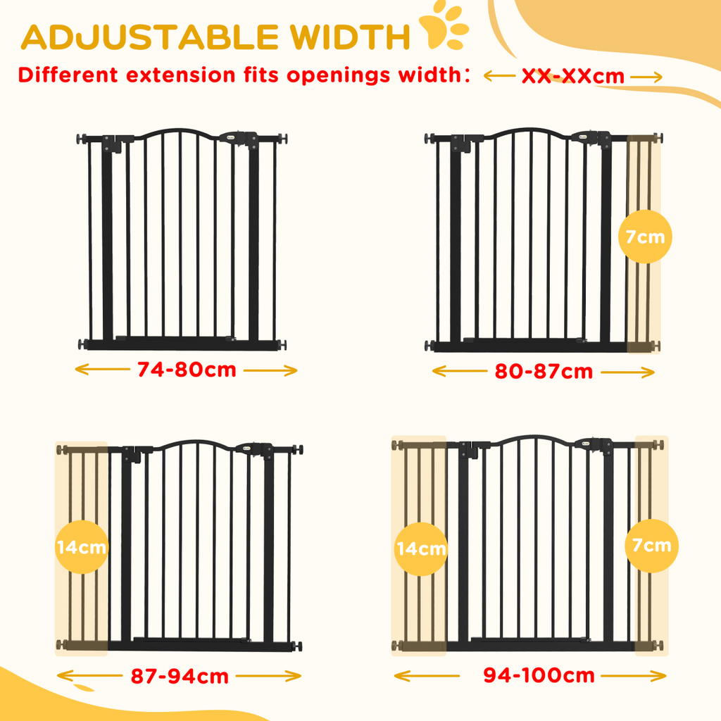 PawHut Adjustable 74-100cm Metal Pet Gate with Auto-Close, Black