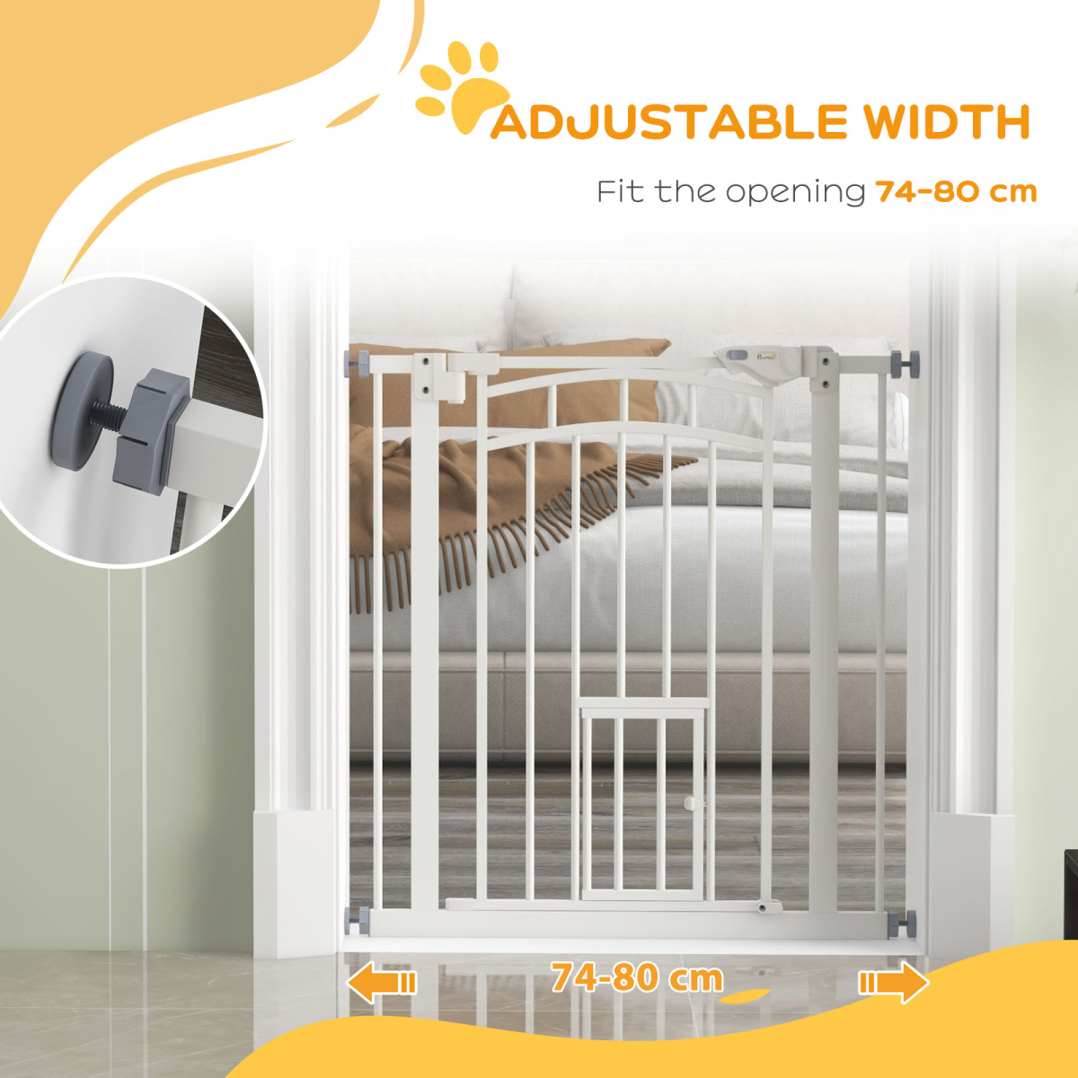 PawHut White Adjustable Pressure-Fit Pet Gate with Cat Door, 74-80cm