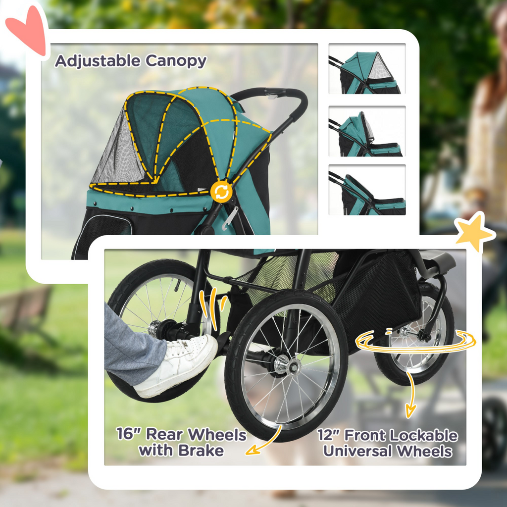 PawHut 3-Wheel Pet Stroller - Foldable, Green, for Small & Medium Dogs
