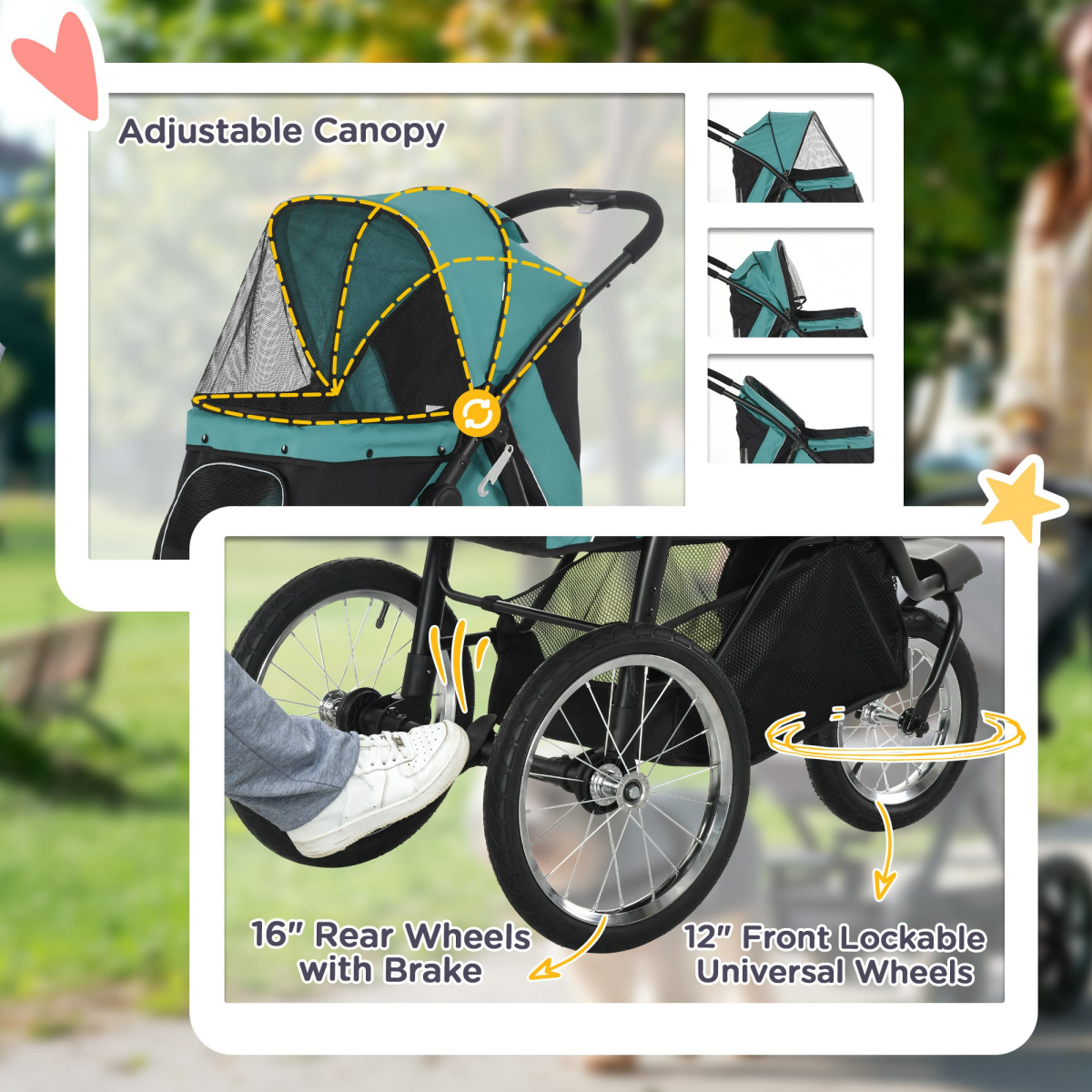 PawHut 3-Wheel Pet Stroller - Foldable, Green, for Small & Medium Dogs