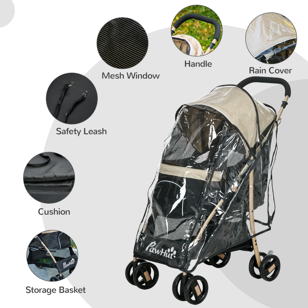 PawHut XS/S Dog Stroller with Rain Cover - Khaki, Adjustable Canopy