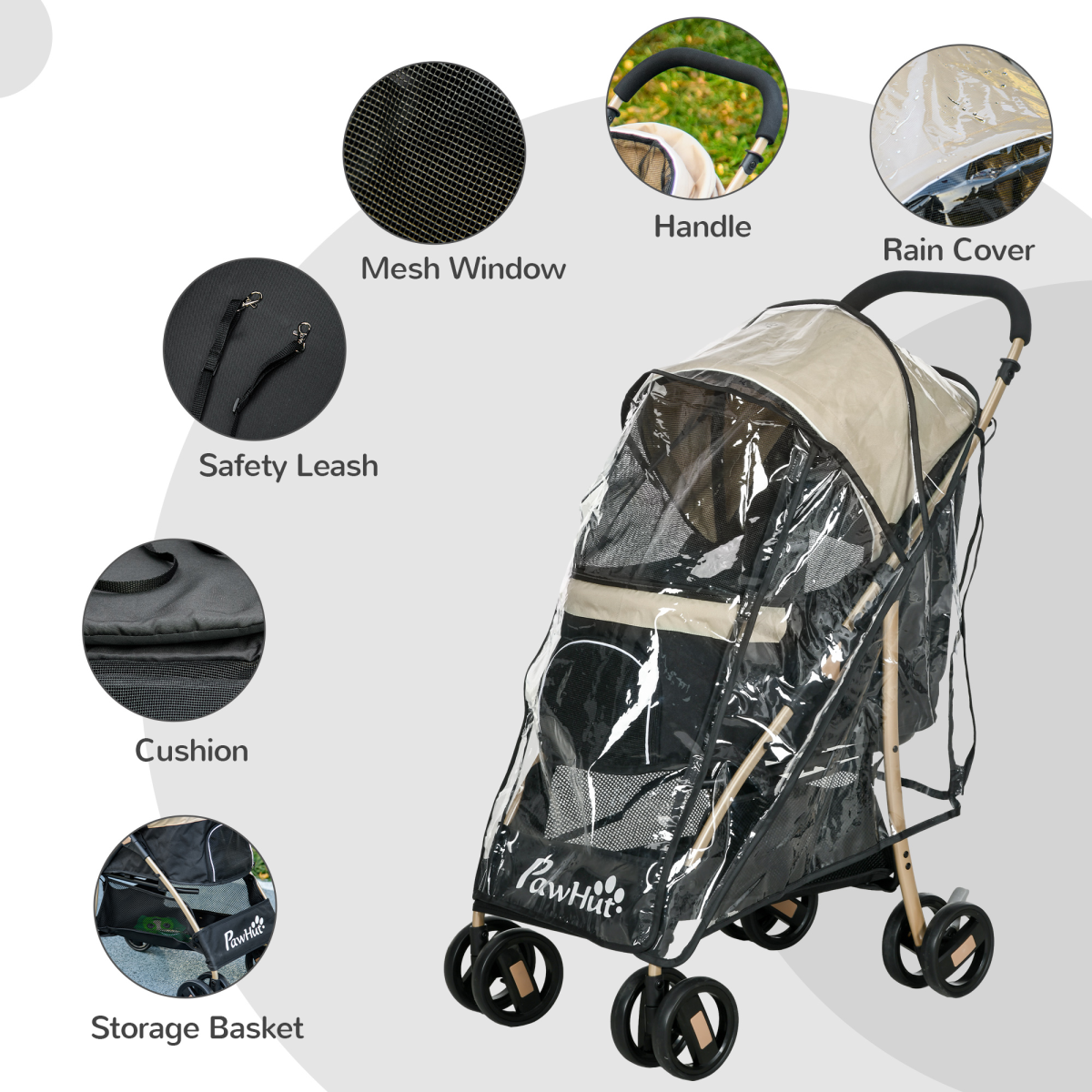 PawHut XS/S Dog Stroller with Rain Cover - Khaki, Adjustable Canopy