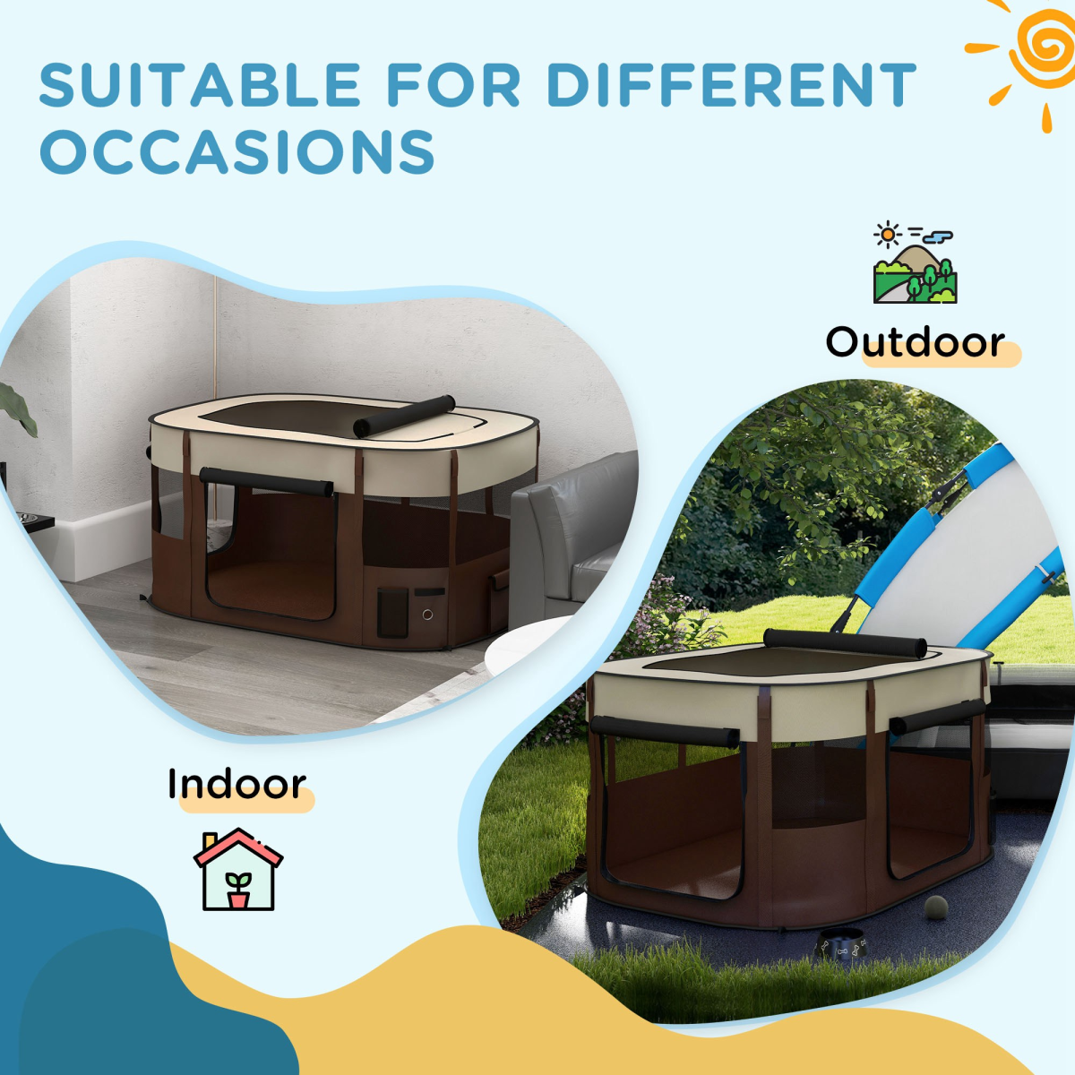 PawHut Portable Pet Pen for Small Animals - Foldable, 114x89x59 cm, Brown