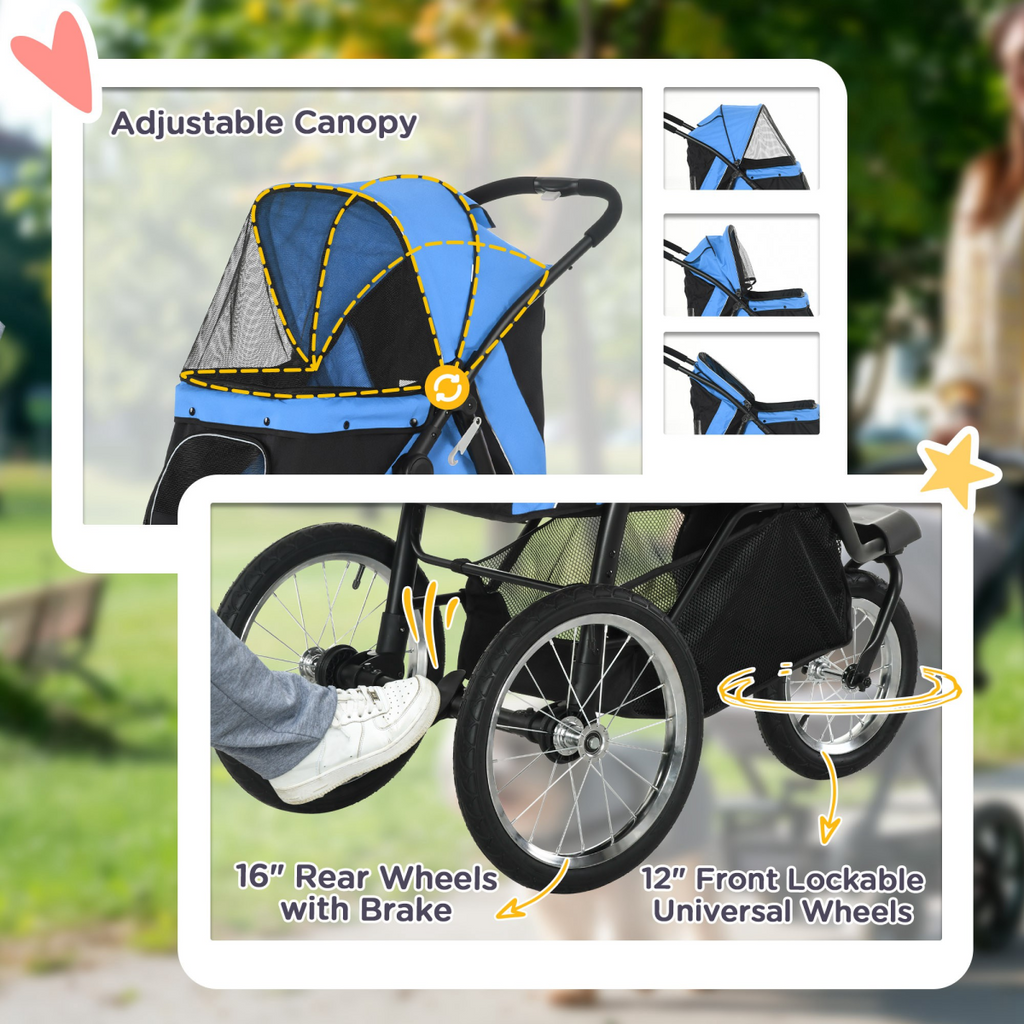 3-Wheel Pet Stroller for Small/Medium Dogs, Foldable Cat Pram - Blue