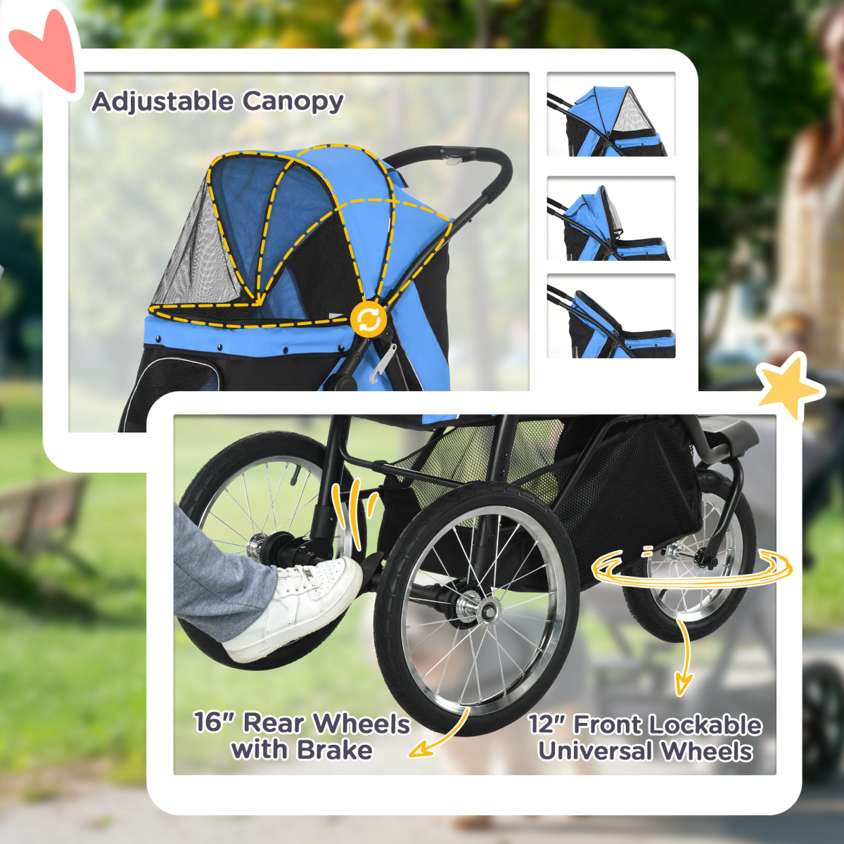 3-Wheel Pet Stroller for Small/Medium Dogs, Foldable Cat Pram - Blue