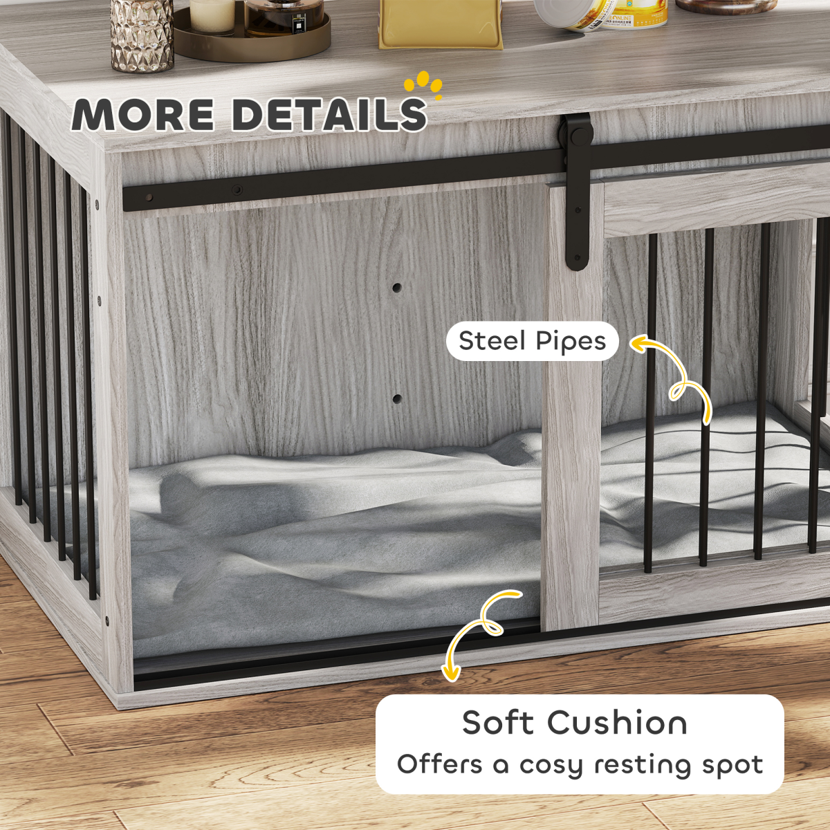 PawHut Large Dog Crate & Side Table with Removable Cushion - Grey
