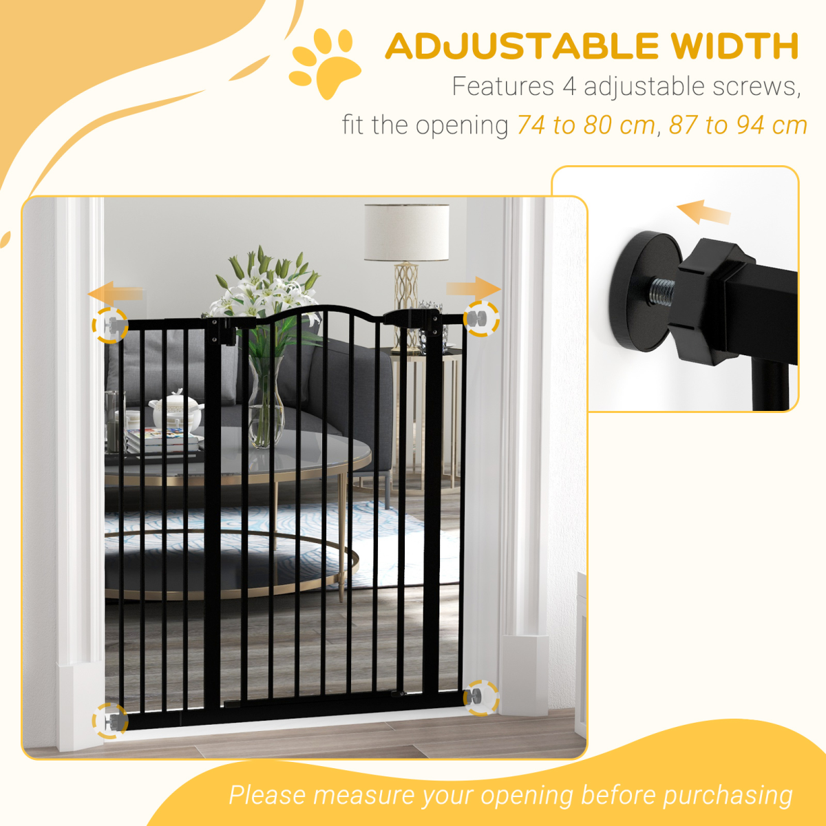 PawHut Adjustable Metal Pet Gate with Auto-Close Door, Black 74-94cm