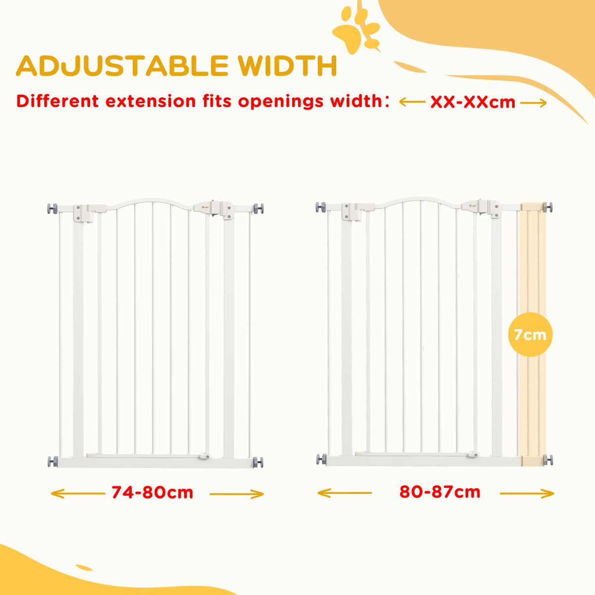 PawHut Adjustable 74-87cm Metal Pet Gate with Auto-Close, Double Locking, White