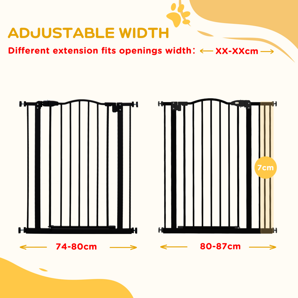 PawHut 74-87cm Metal Pet Gate with Auto-Close Door and Double Lock - Black