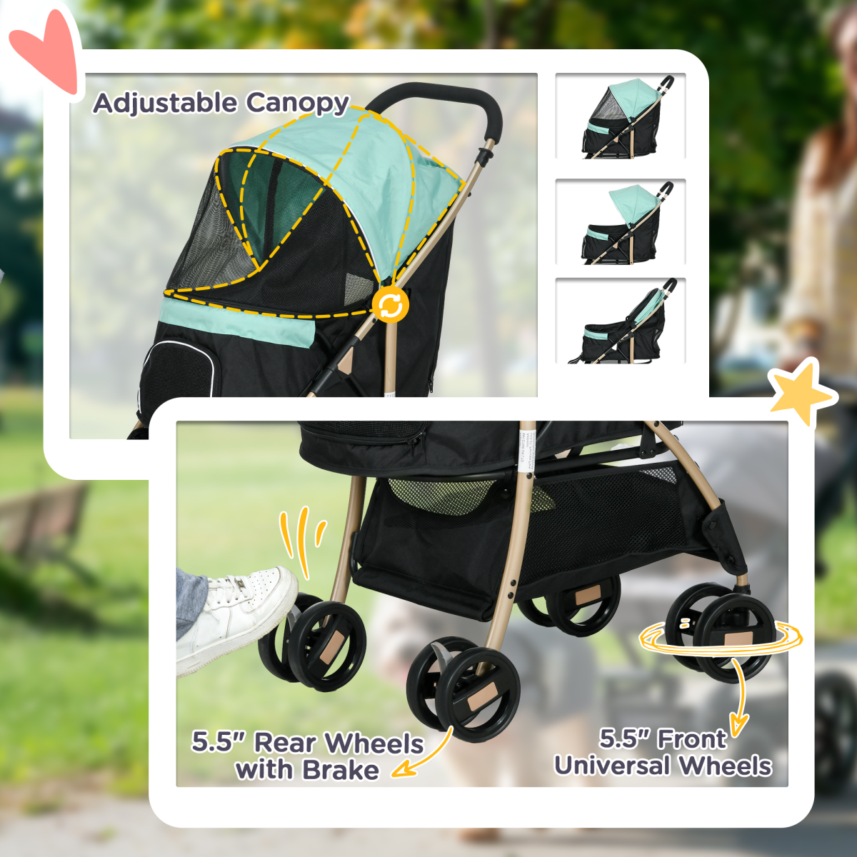 PawHut Pet Stroller for XS/S Dogs with Rain Cover - Green