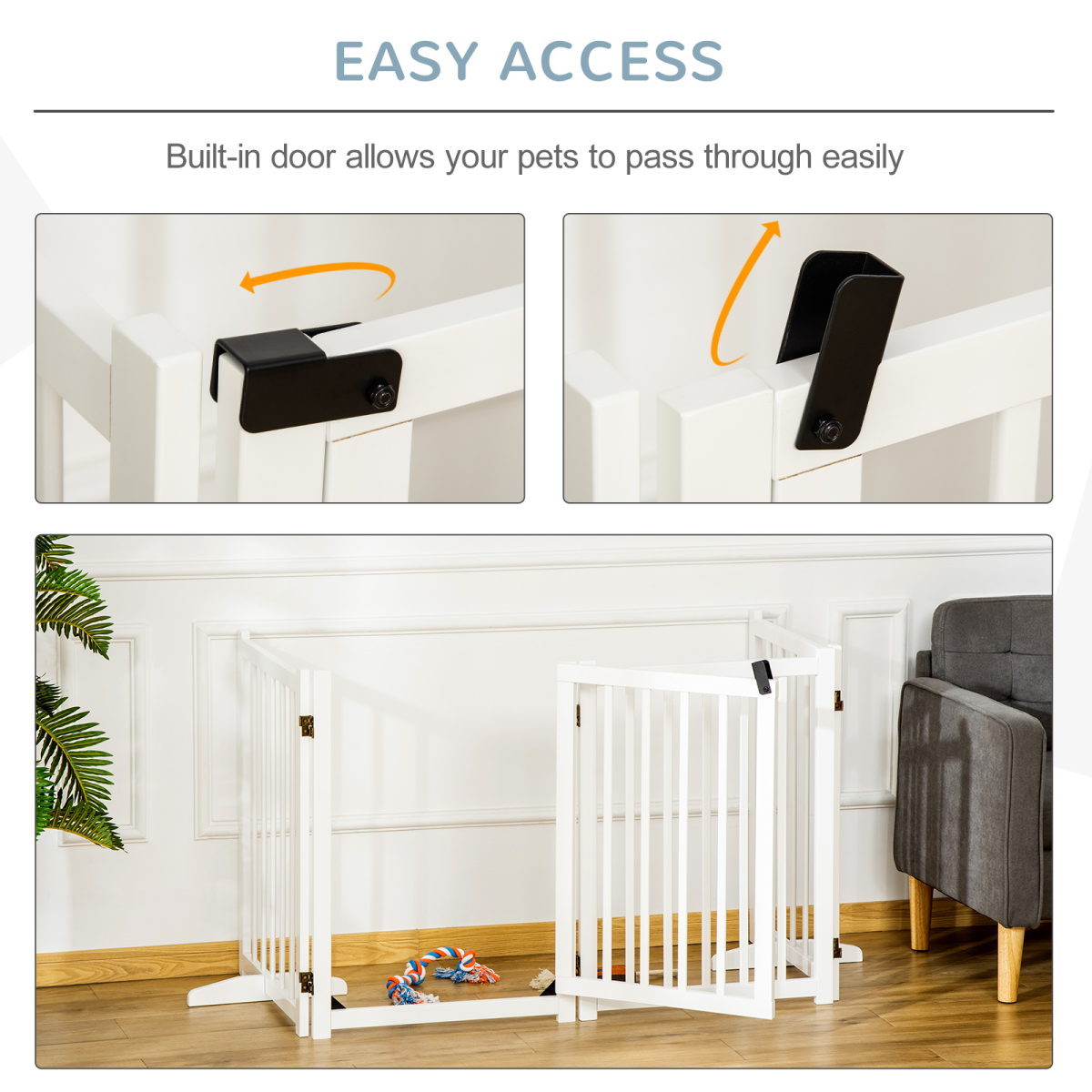Pawhut Freestanding 4-Panel Pet Gate with 2 Support Feet for Doorways - White
