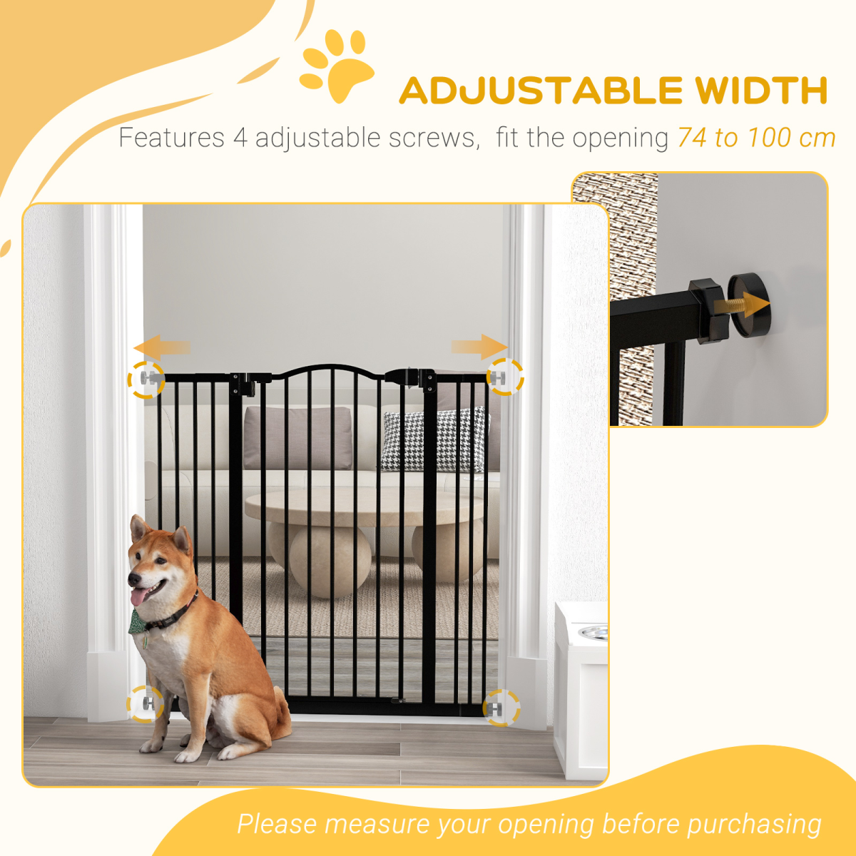 PawHut Adjustable Metal Pet Gate 74-100cm with Auto-Close Door Black