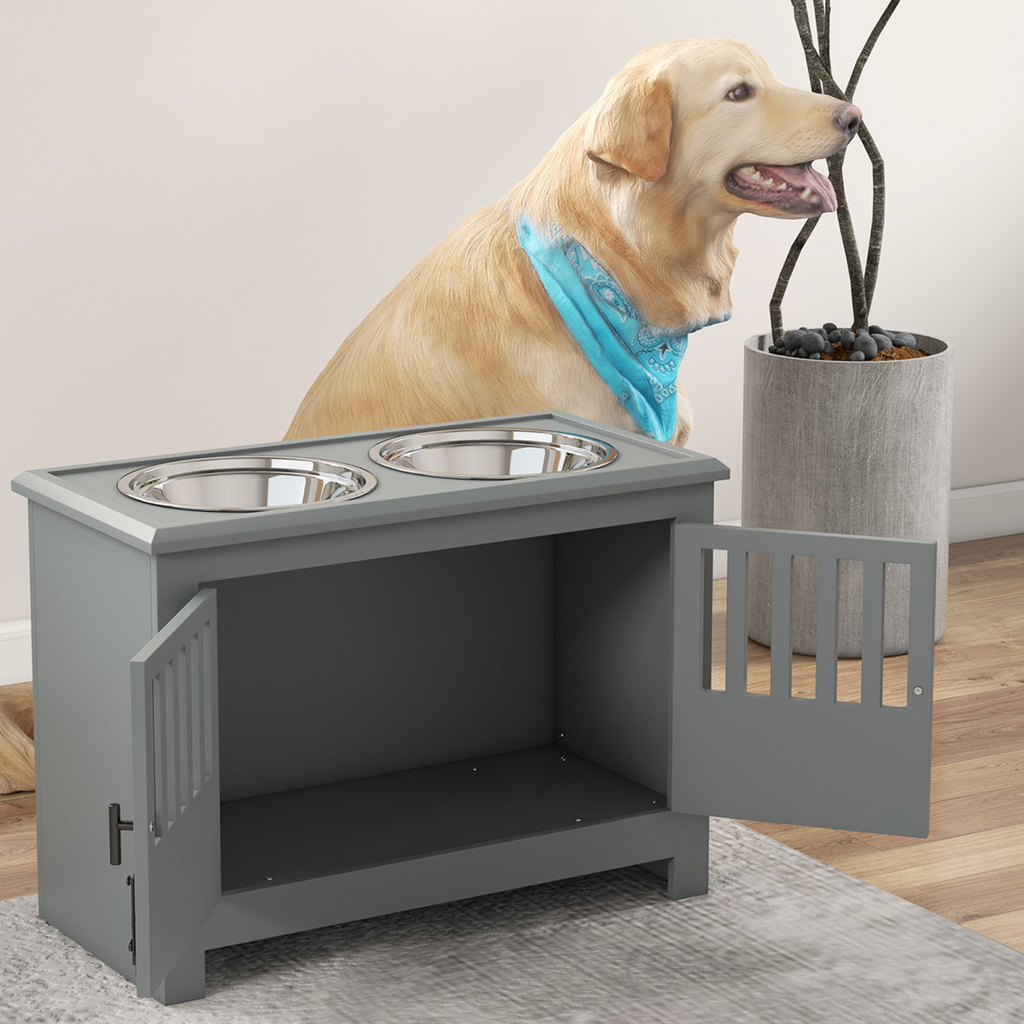 PawHut Elevated Dog Bowl Station for Large Dogs with Built-in Storage – Grey