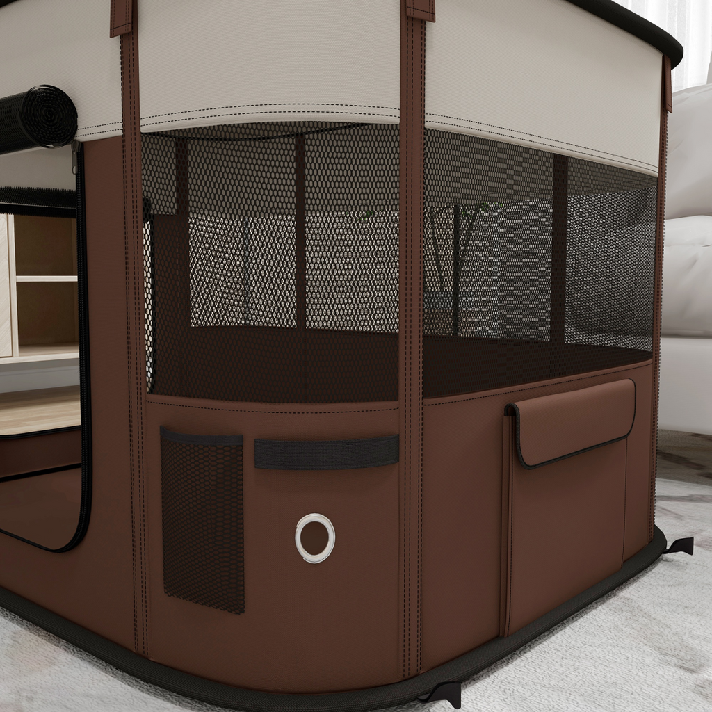PawHut Portable Pet Pen for Small Animals - Brown, Foldable & Ventilated
