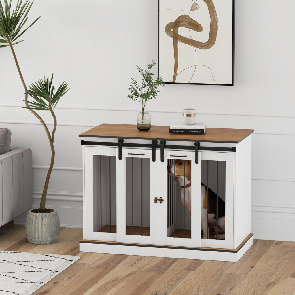 Dual-Dog Crate Furniture for Large & Small Dogs, White, Divider & Tabletop