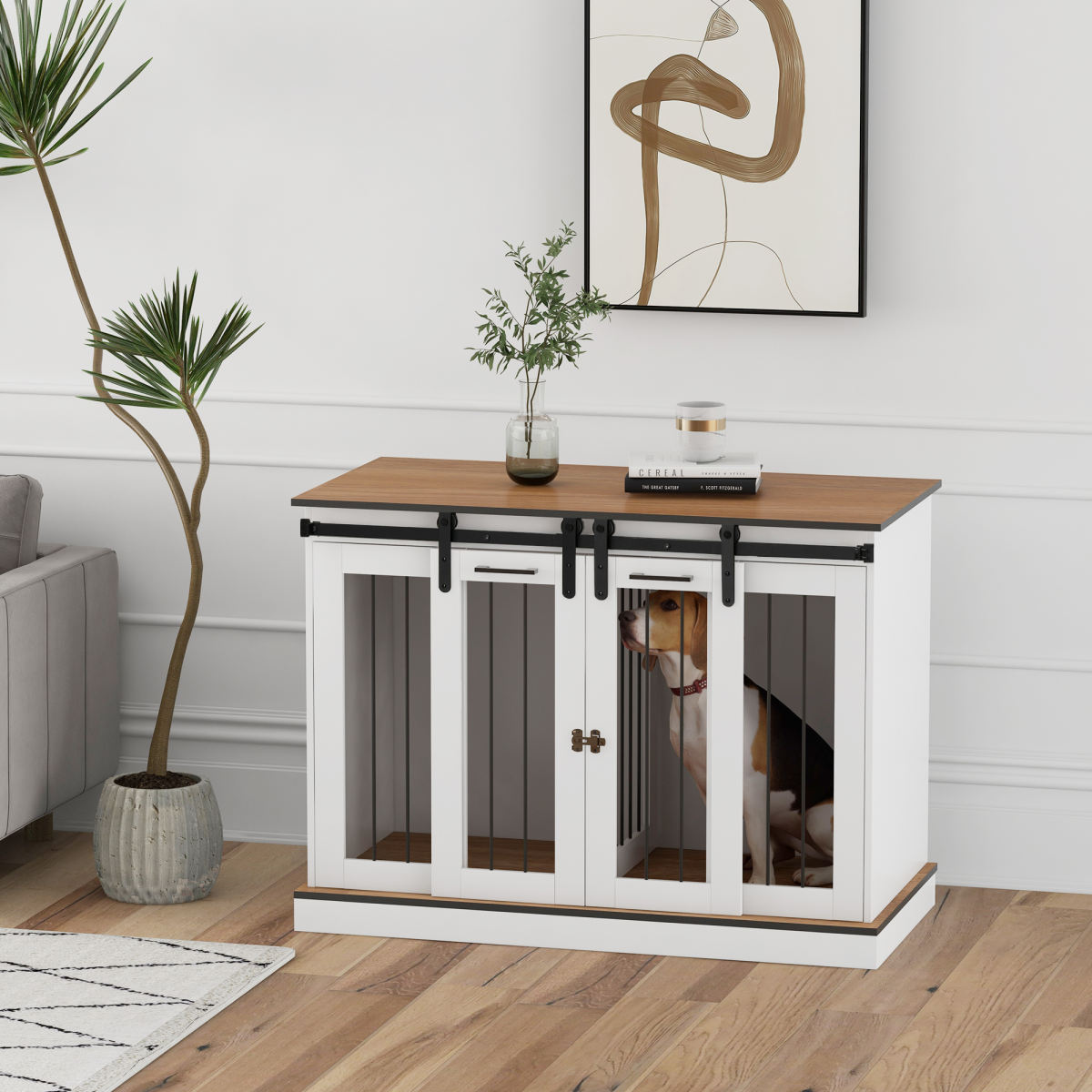 Dual-Dog Crate Furniture for Large & Small Dogs, White, Divider & Tabletop