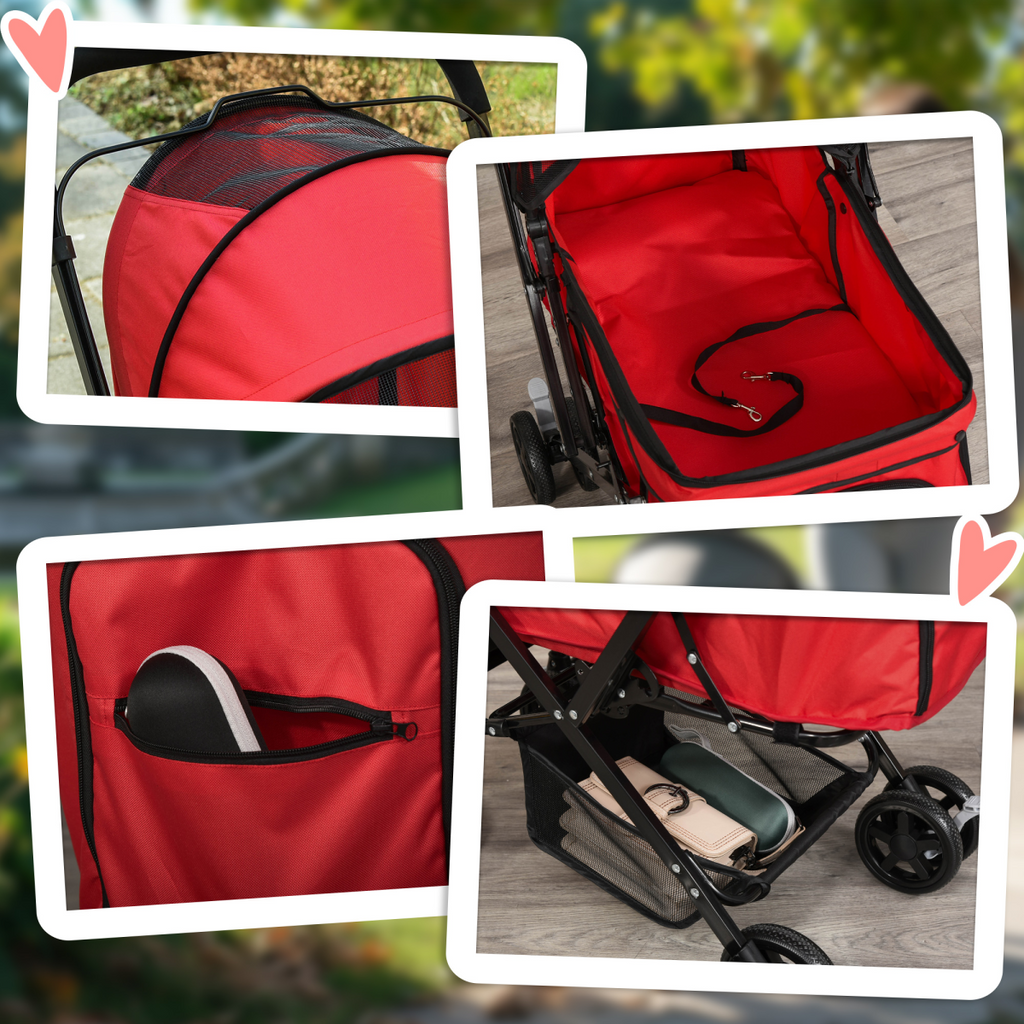 Foldable Four-Wheel Pet Stroller with Reversible Handle, Brakes & Storage