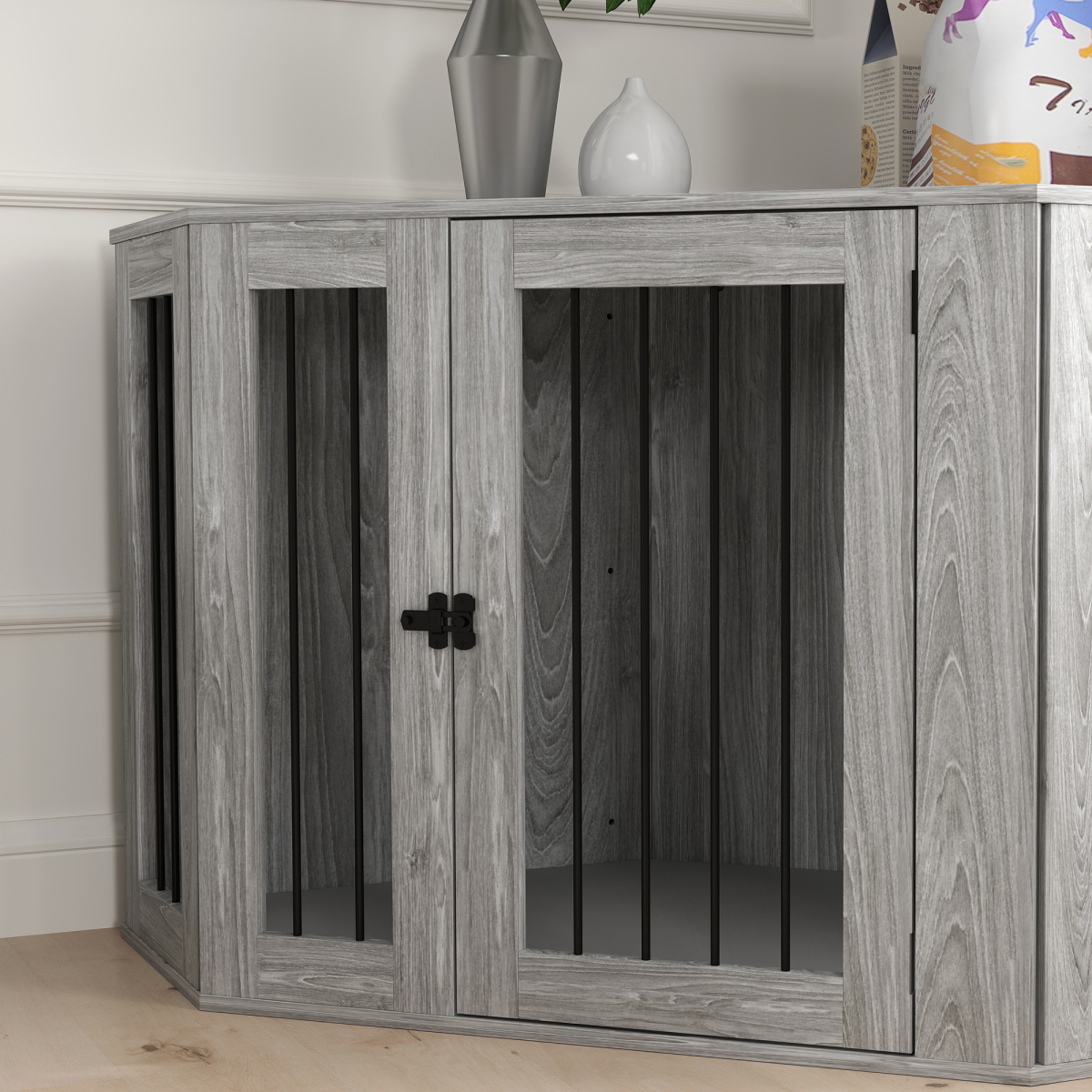 PawHut Large Dog Crate Furniture with Cushion & Door - Grey