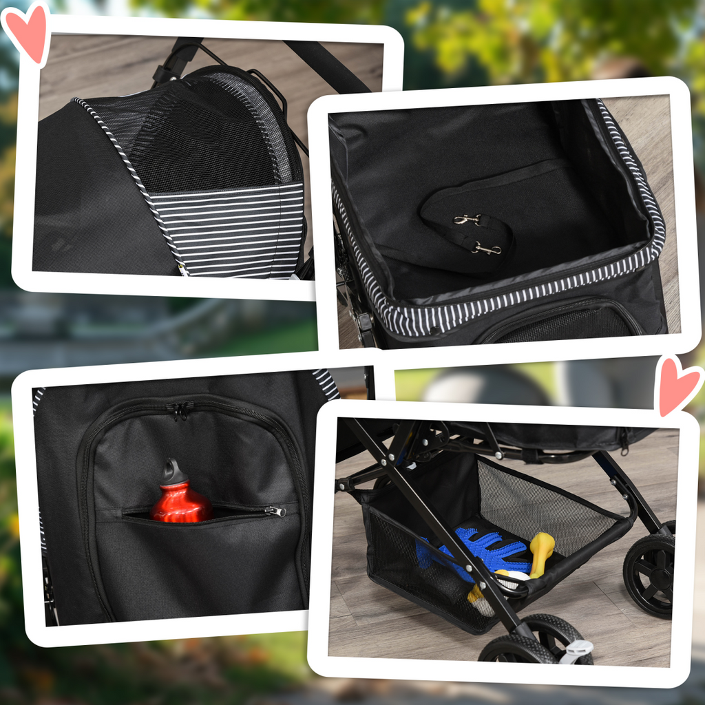 Foldable Pet Stroller with Reversible Handle - Four-Wheel Travel Carriage Black