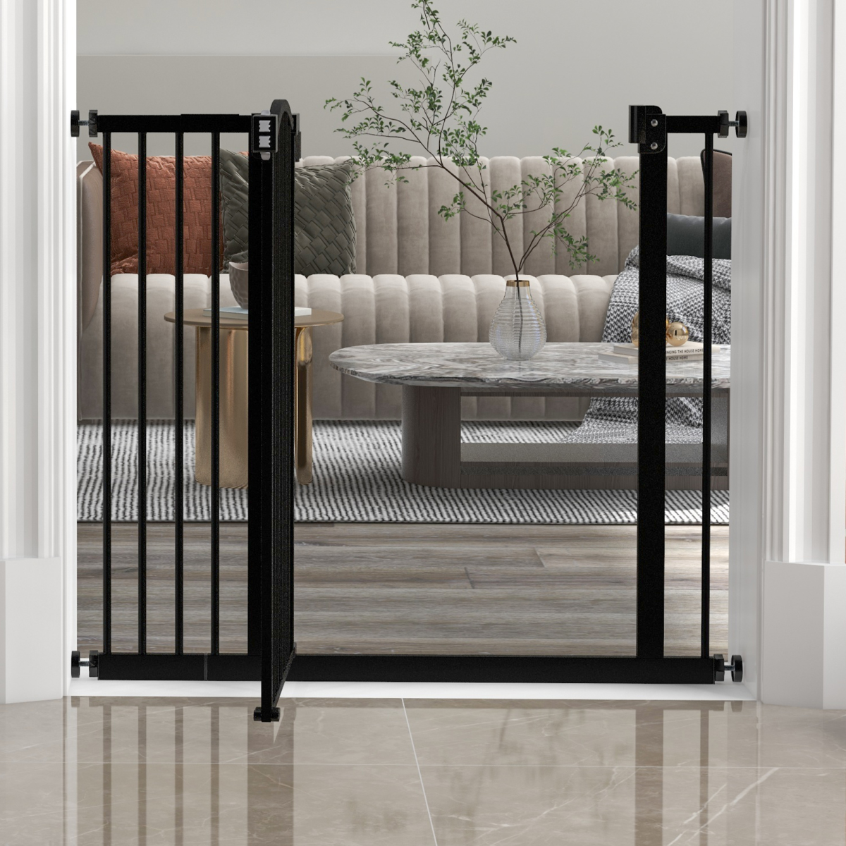 PawHut 74-94cm Adjustable Metal Pet Gate with Auto-Close Black