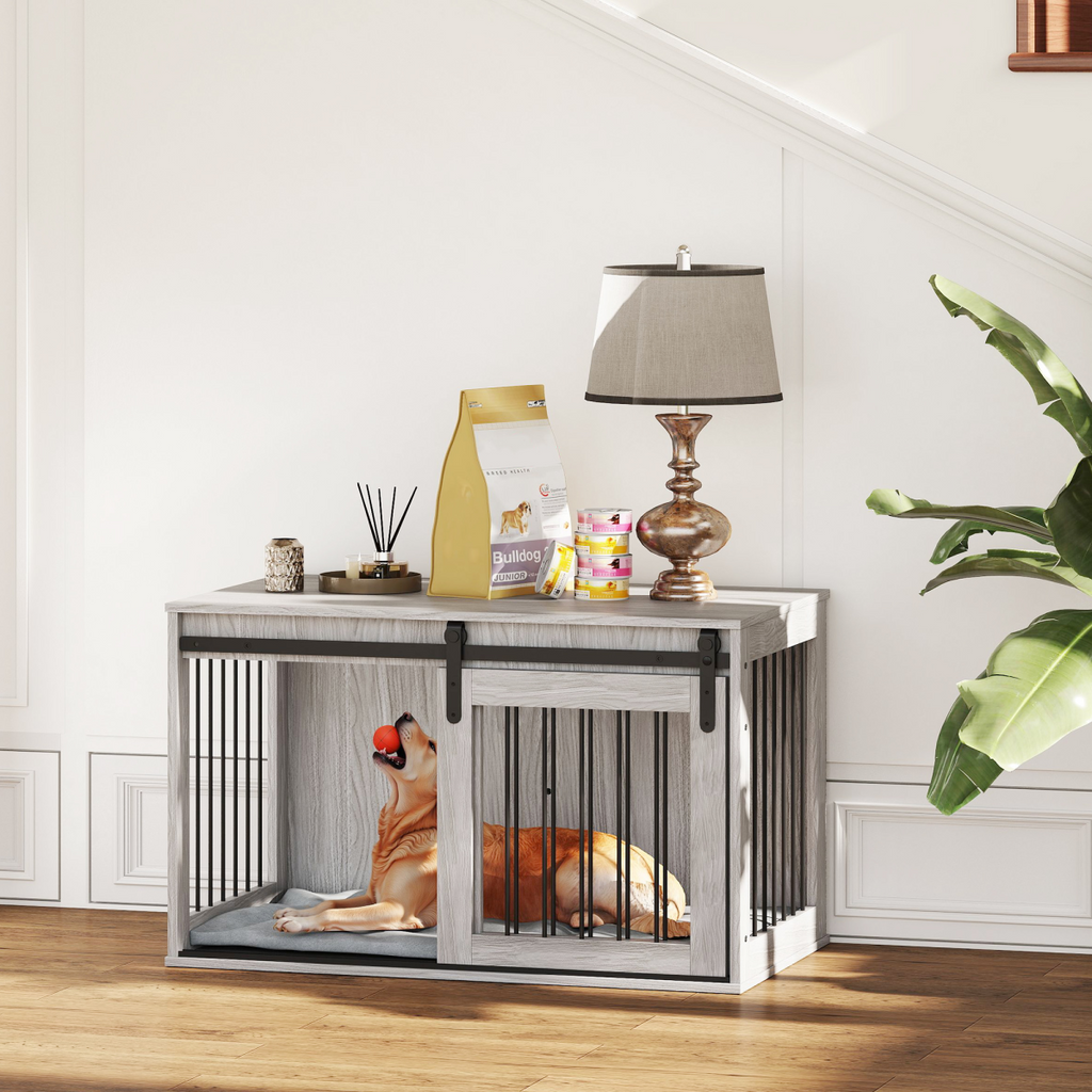 PawHut Large Dog Crate & Side Table with Removable Cushion - Grey